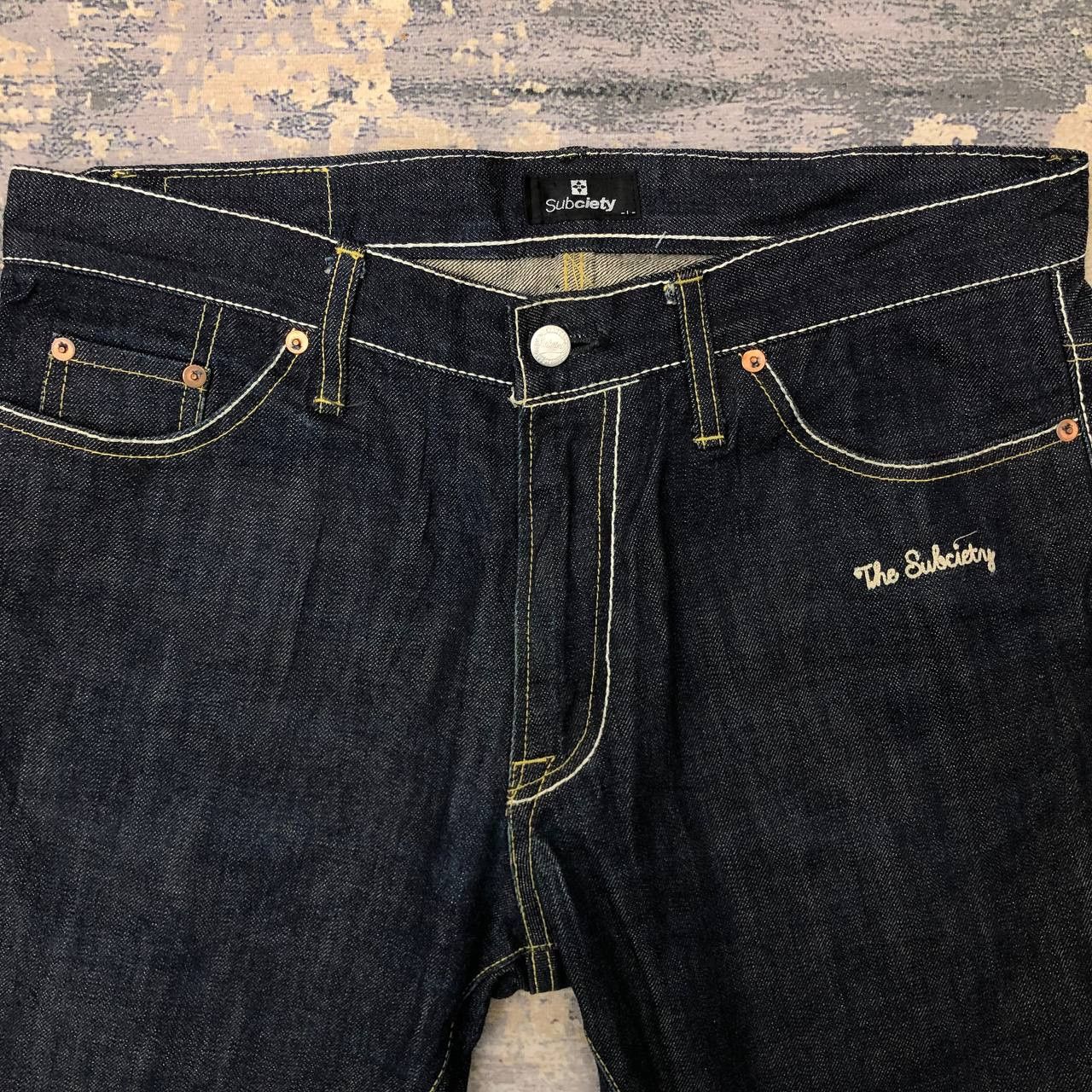 Japanese Brand P14 SUBCIETY SMOKING SKULL LIFE IS SHORTJAPAN SELVEDGE JEANS Size US 35 - 6 Thumbnail