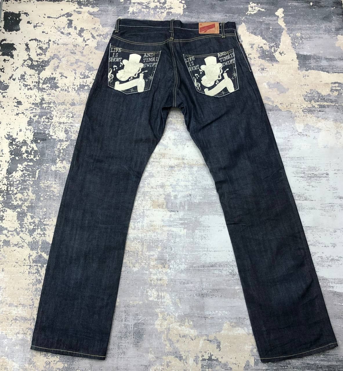 Japanese Brand P14 SUBCIETY SMOKING SKULL LIFE IS SHORTJAPAN SELVEDGE JEANS Size US 35 - 1 Thumbnail