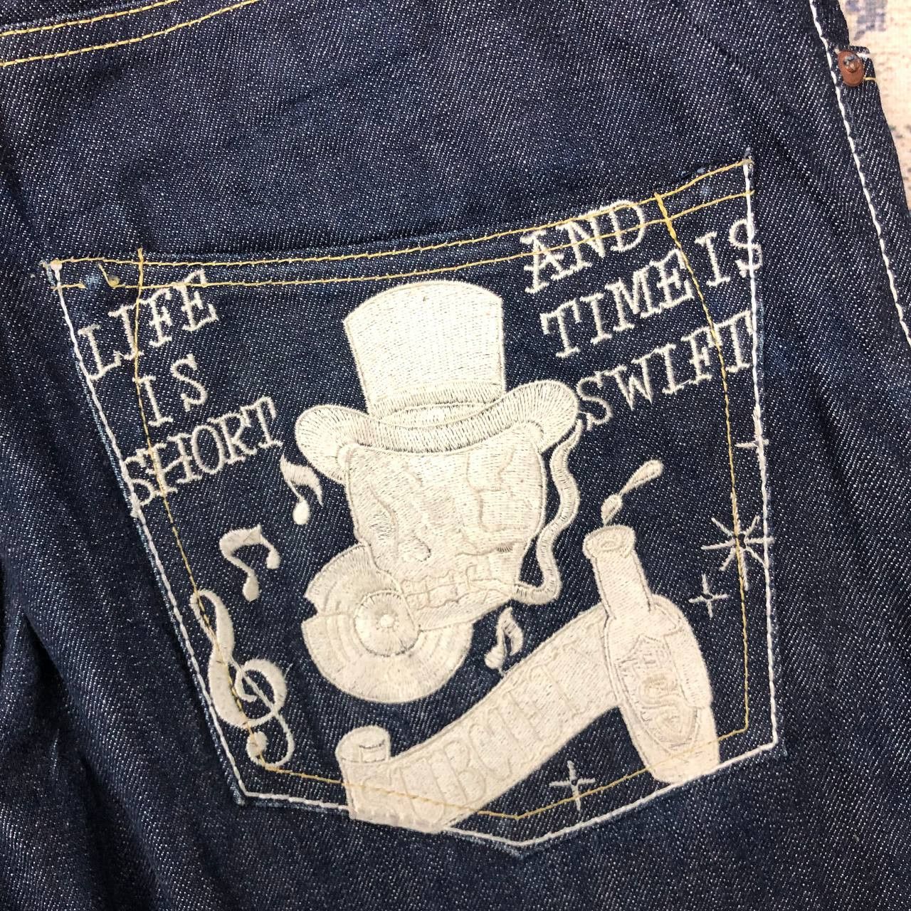Japanese Brand P14 SUBCIETY SMOKING SKULL LIFE IS SHORTJAPAN SELVEDGE JEANS Size US 35 - 7 Thumbnail