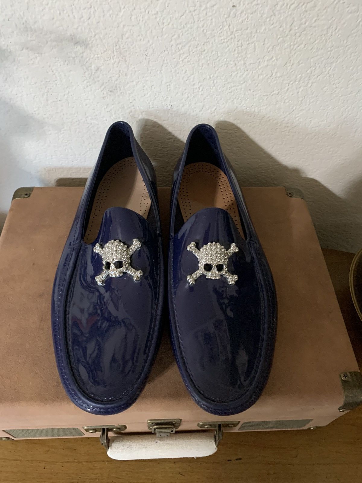 image of Vivienne Westwood Rubber Slip Ons W/ Skull& Bones Shoes in Blue, Men's (Size 8)