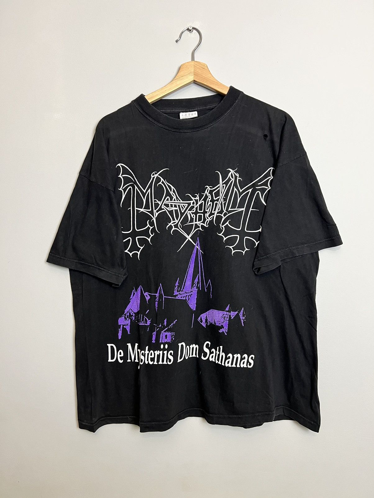 Image of Rare Vintage 90's OG Mayhem De Mysteriis Black Metal Tshirt, Men's (Size XL)