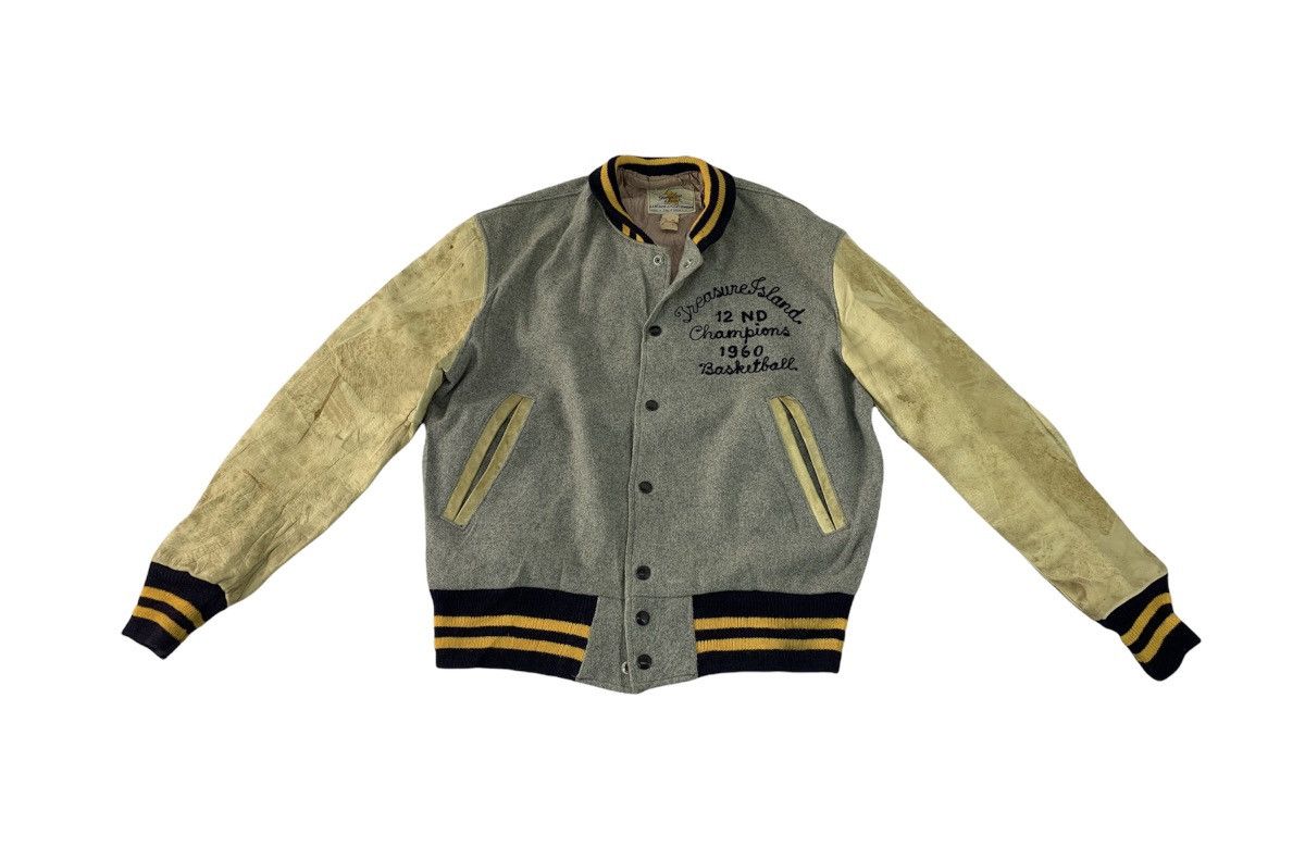 image of 80's Golden Bear Varsity Jacket Treasure Land Leather Sleeve in Grey, Men's (Size Medium)