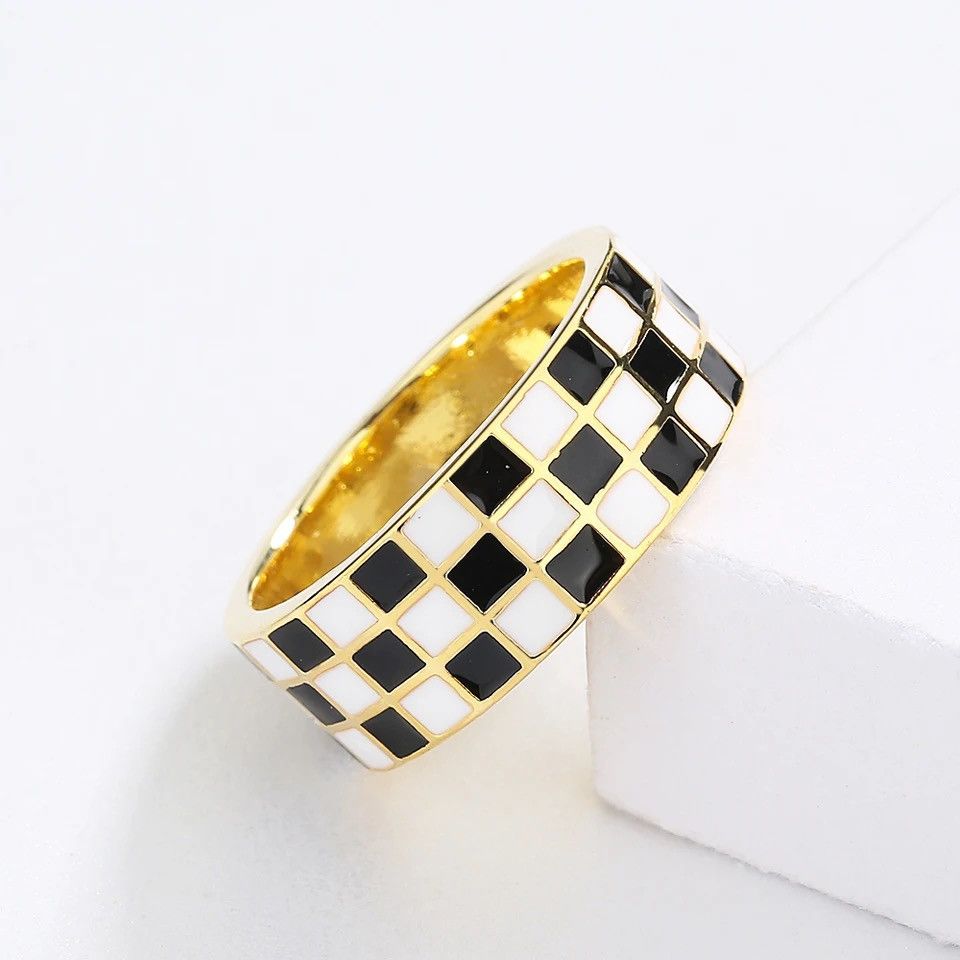 Jewelry Drop Oil Black and White Check Ring Size ONE SIZE - 3 Thumbnail