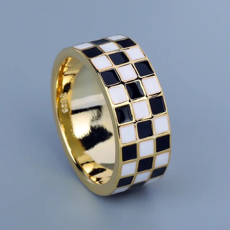 Jewelry Drop Oil Black and White Check Ring Size ONE SIZE - 1 Thumbnail