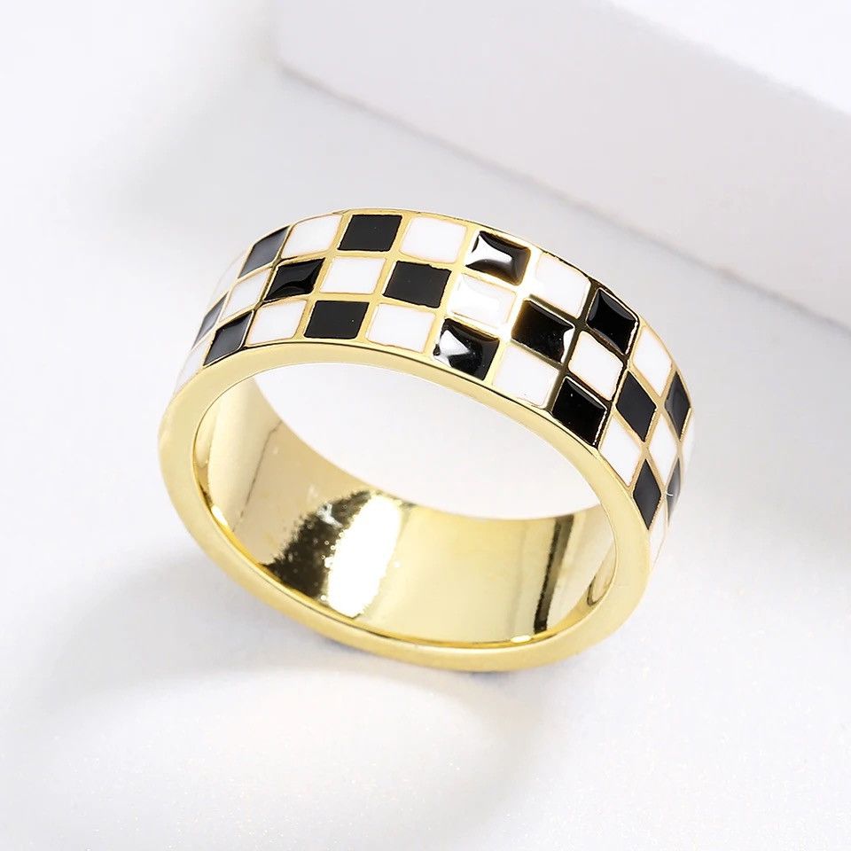 Jewelry Drop Oil Black and White Check Ring Size ONE SIZE - 2 Thumbnail