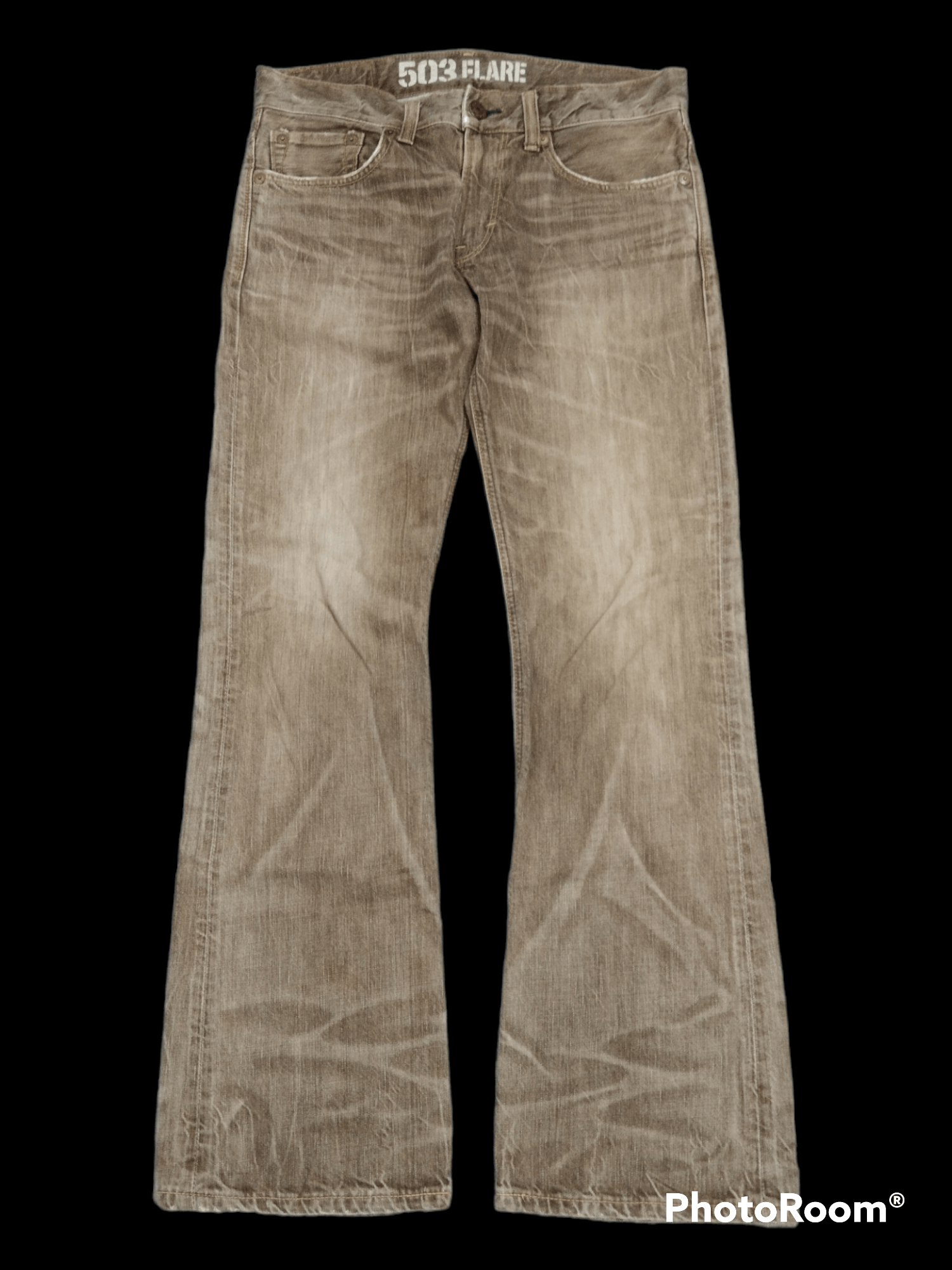 image of Avant Garde x Distressed Denim 503 Flare Sick Brown Fade Blue Trip Denim Pants, Men's (Size 33)