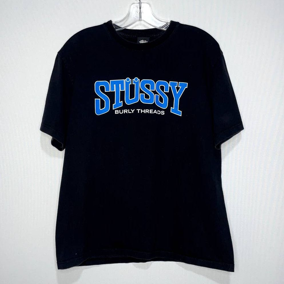 Stussy vintage stussy burly threads logo black and blue t shirt m grailed