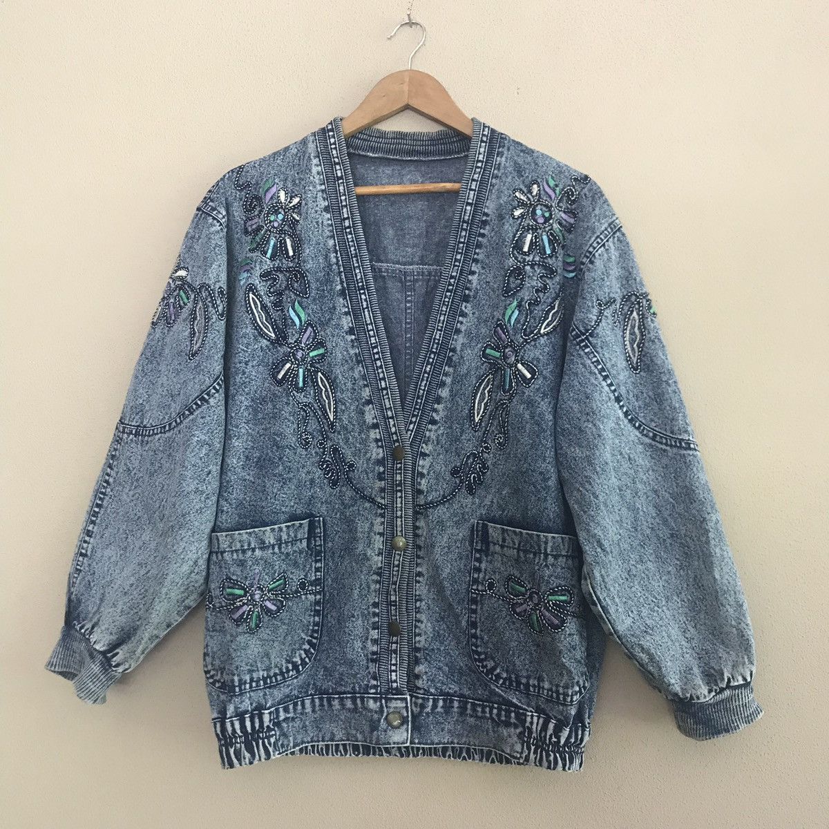 image of Cardigan Jeans Bomber/varsity Jacket Floral Design in Blue Denim, Men's (Size Large)