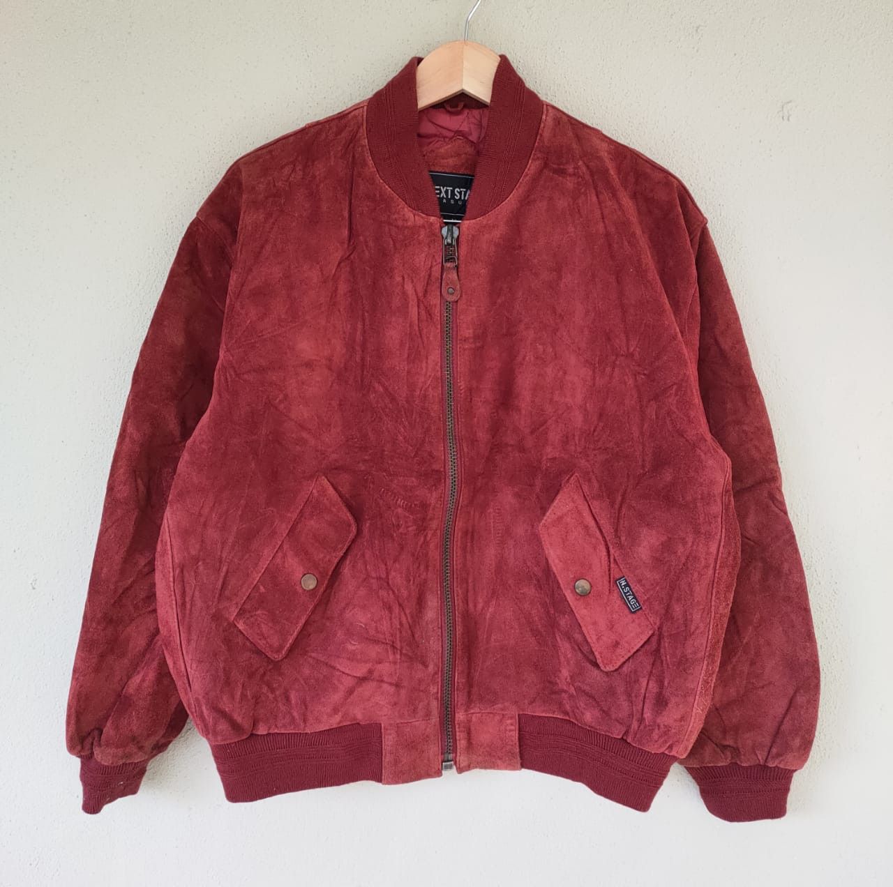 image of Next Stage Leather Bomber in Burgandy, Men's (Size Medium)