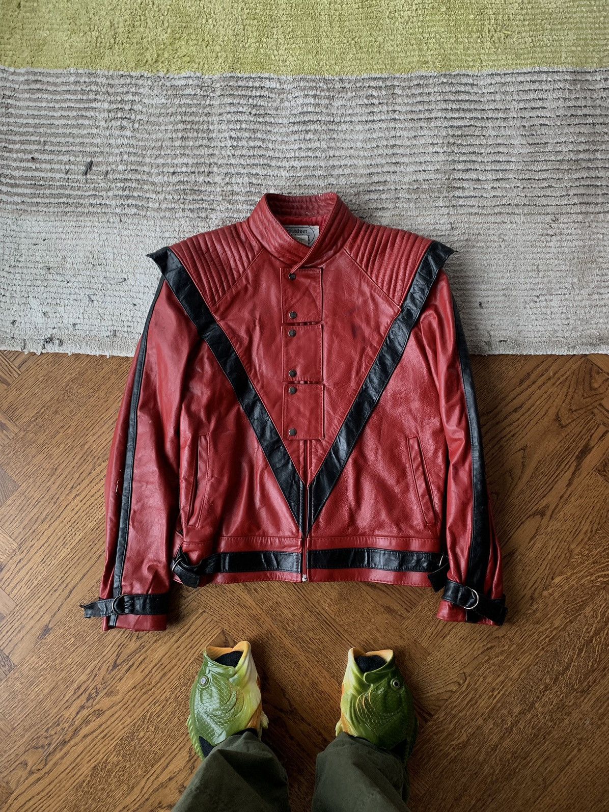 Vtg 80s Red Black Michael Jackson THRILLER Jacket M