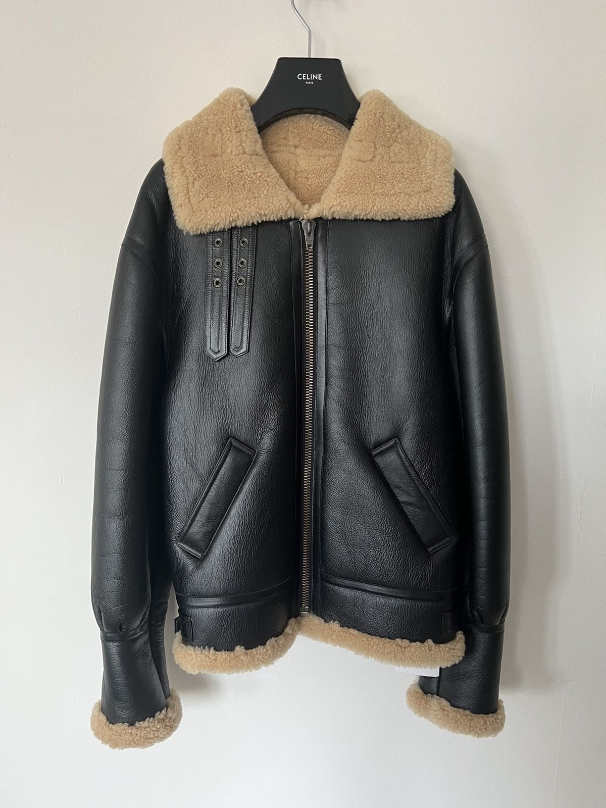 image of Celine Aviator Shearling Leather Jacket in Black, Men's (Size Medium)