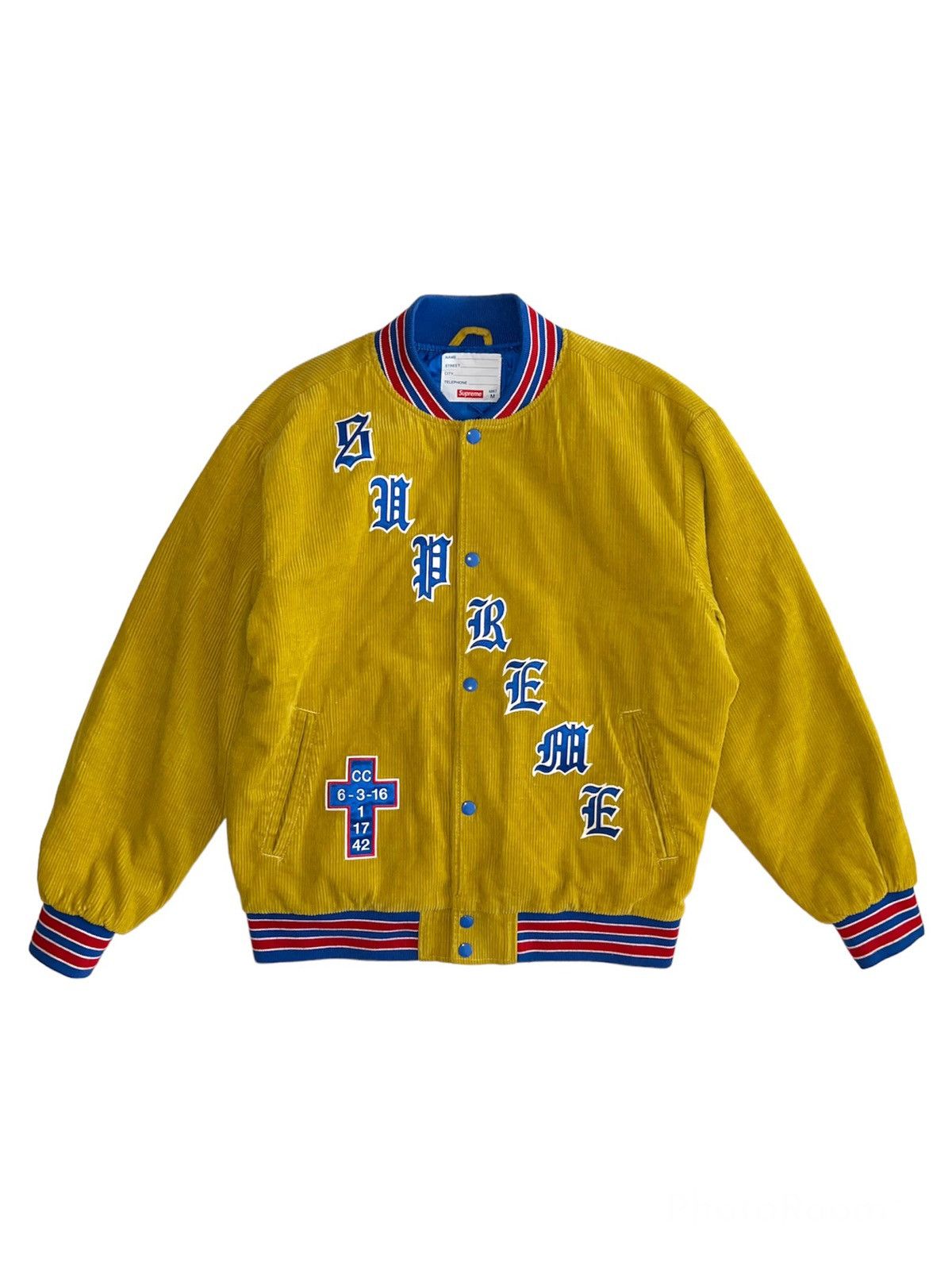 Pre-owned Supreme Old English Corduroy Varsity Jacket In Sulphur