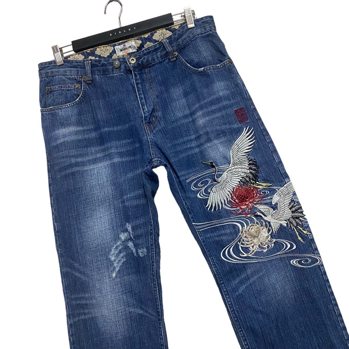 image of Dragonfly Karakuri Tamashi Denim Embroidery Jeans in Blue, Men's (Size 35)