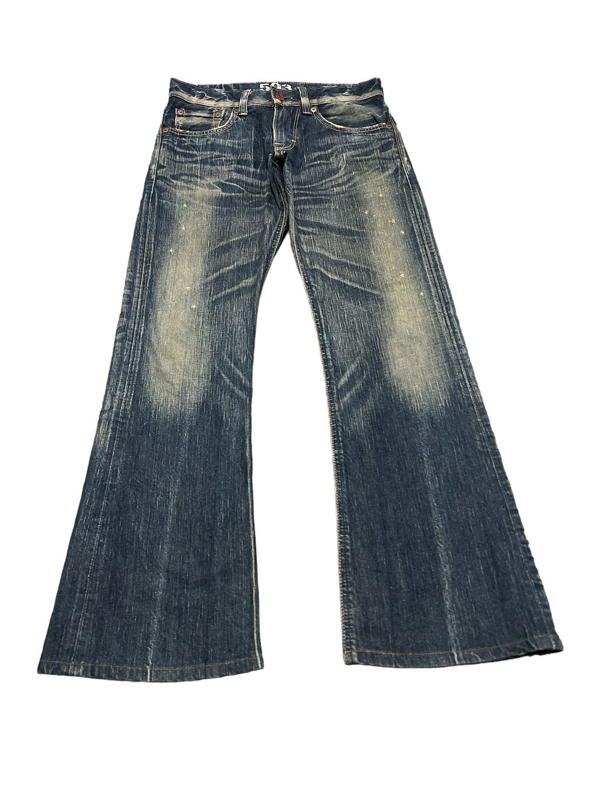 Japanese Brand FLARED💥EXWIN 503 BLUE TRIP DISTRESSED DENIM PANT Size US 28 / EU 44 - 2 Thumbnail