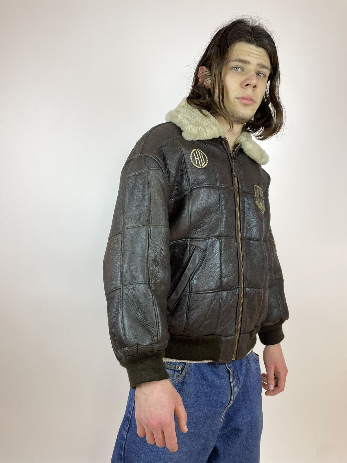 Vintage Vintage SHEEPSKIN Jacket aviation Brown leather bomber S-M Size US M / EU 48-50 / 2 - 6 Thumbnail