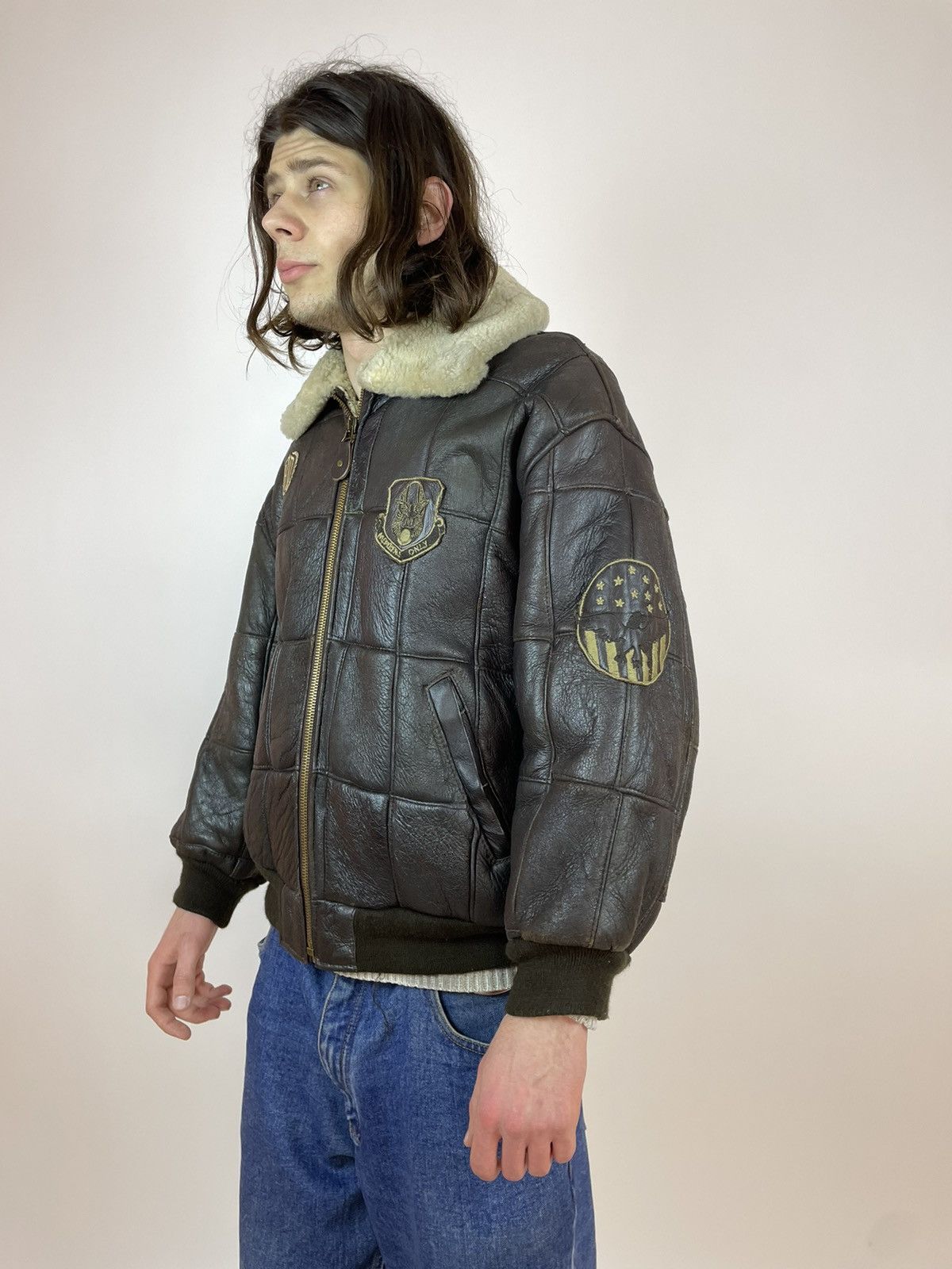 Vintage Vintage SHEEPSKIN Jacket aviation Brown leather bomber S-M Size US M / EU 48-50 / 2 - 7 Thumbnail