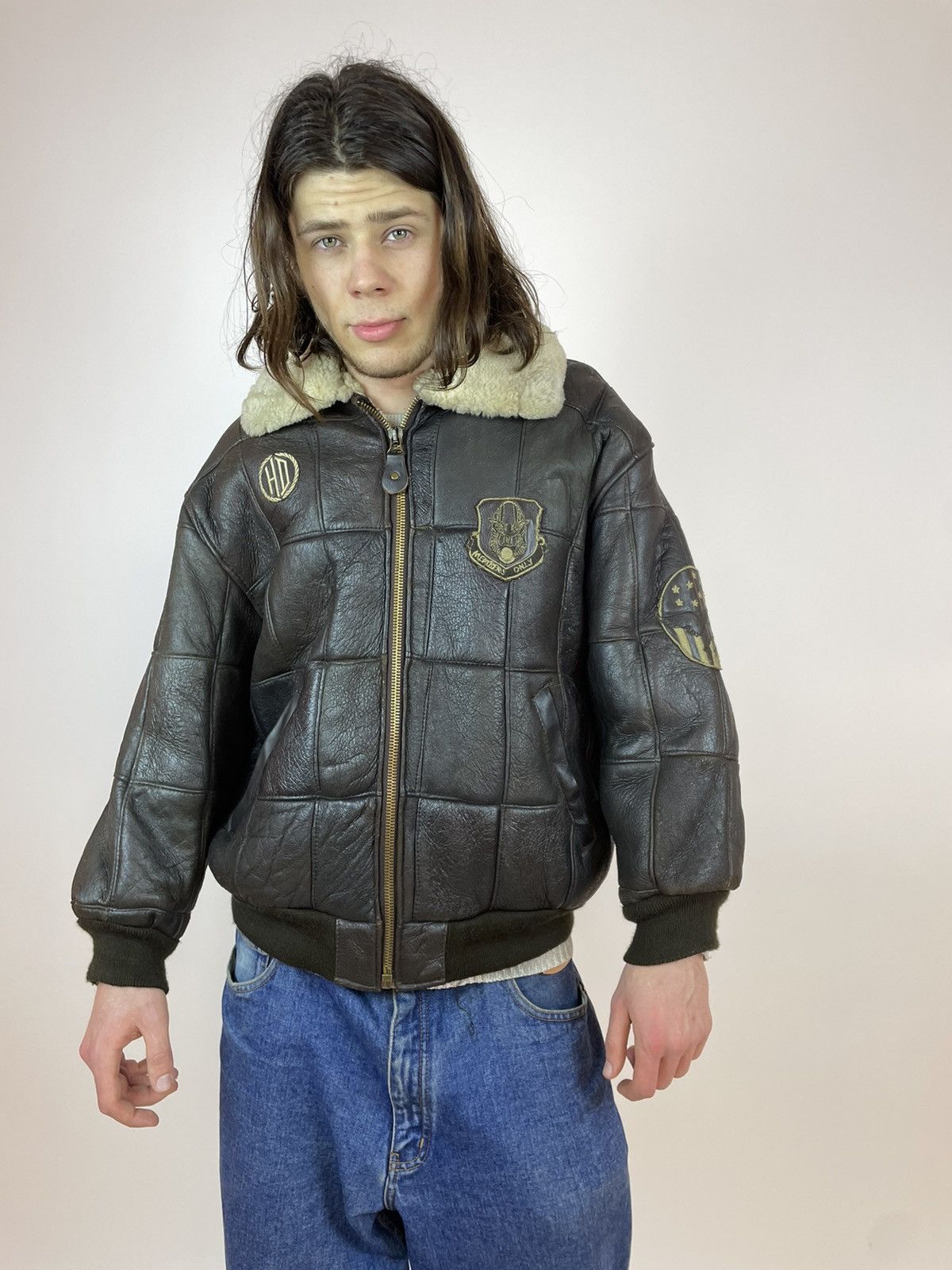 Vintage Vintage SHEEPSKIN Jacket aviation Brown leather bomber S-M Size US M / EU 48-50 / 2 - 2 Thumbnail