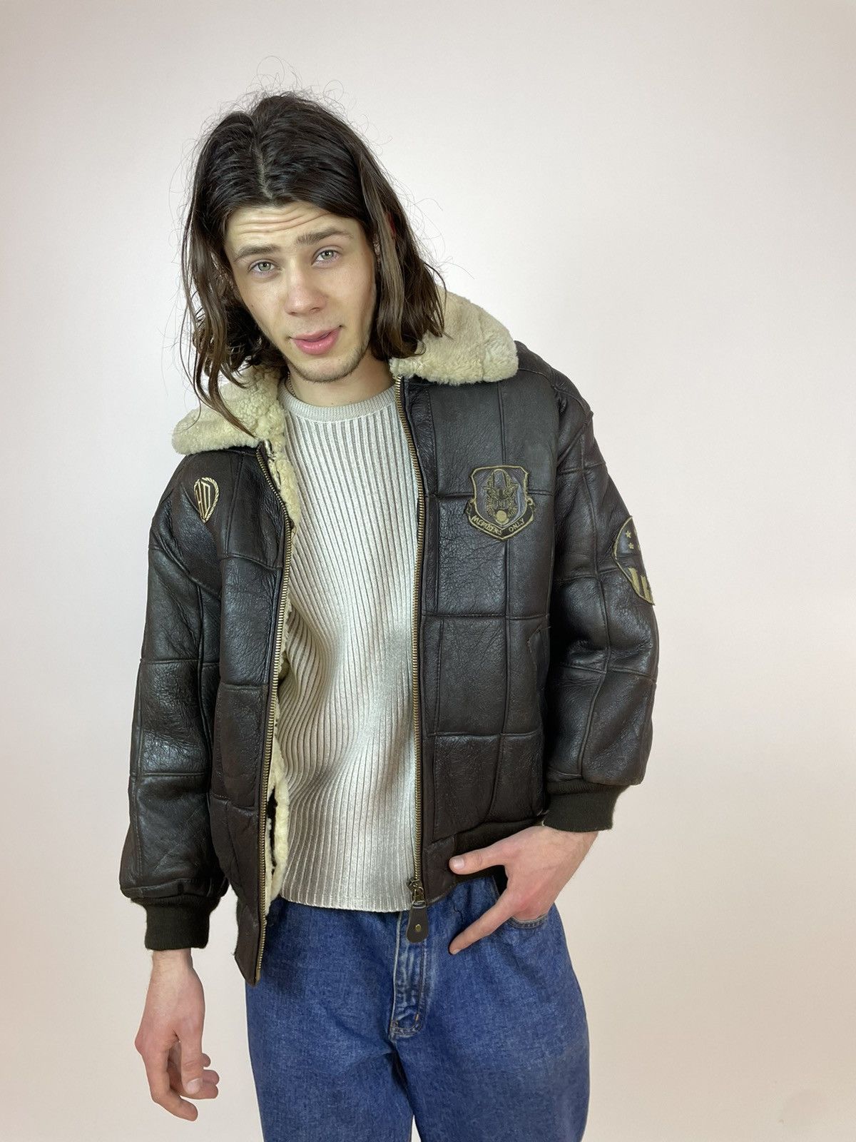 Vintage Vintage SHEEPSKIN Jacket aviation Brown leather bomber S-M Size US M / EU 48-50 / 2 - 4 Thumbnail