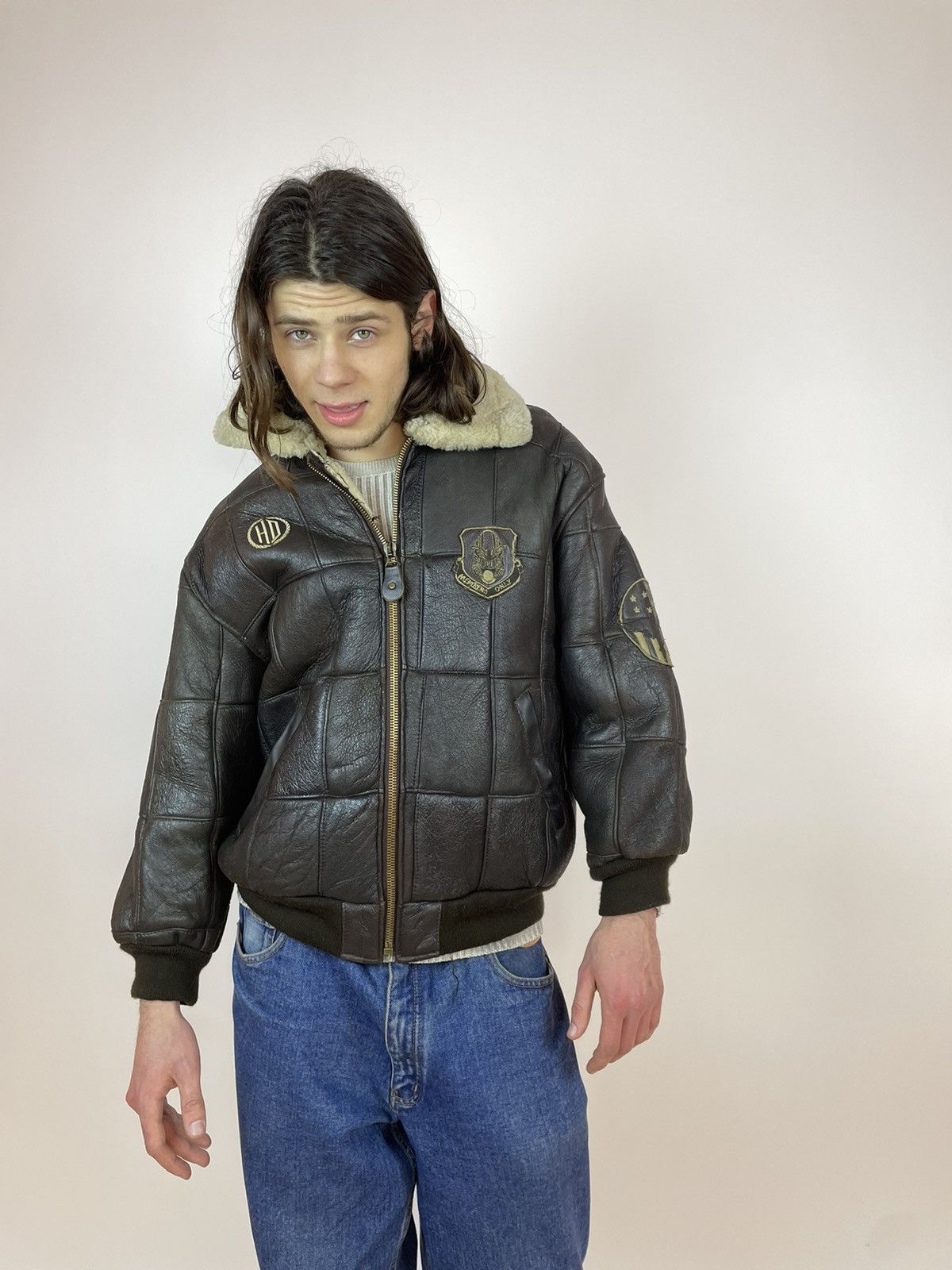 Vintage Vintage SHEEPSKIN Jacket aviation Brown leather bomber S-M Size US M / EU 48-50 / 2 - 5 Thumbnail