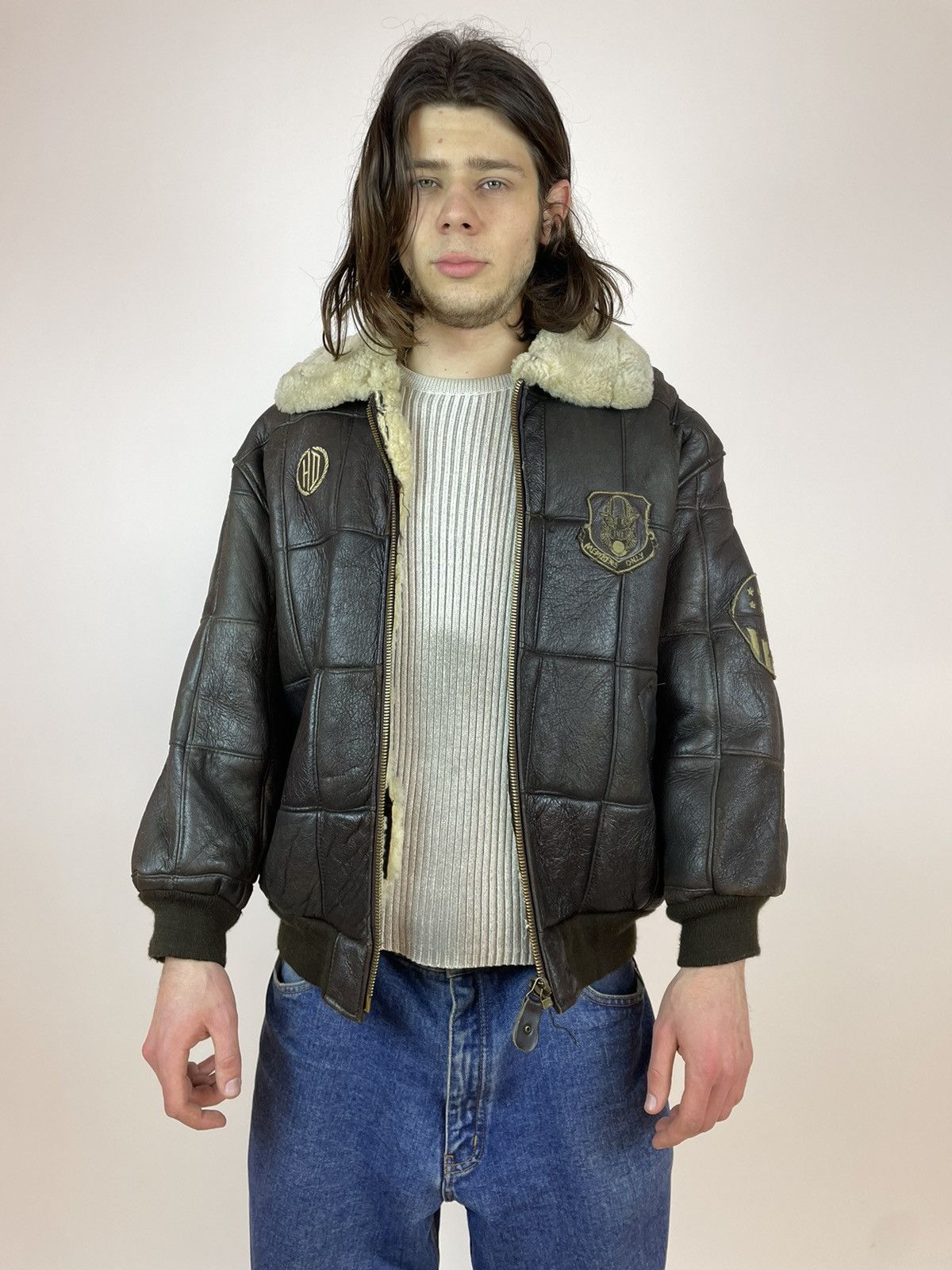 Vintage Vintage SHEEPSKIN Jacket aviation Brown leather bomber S-M Size US M / EU 48-50 / 2 - 3 Thumbnail