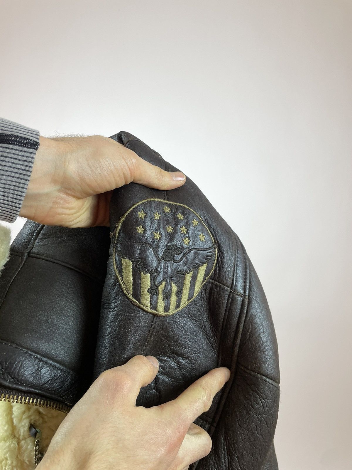 Vintage Vintage SHEEPSKIN Jacket aviation Brown leather bomber S-M Size US M / EU 48-50 / 2 - 10 Thumbnail