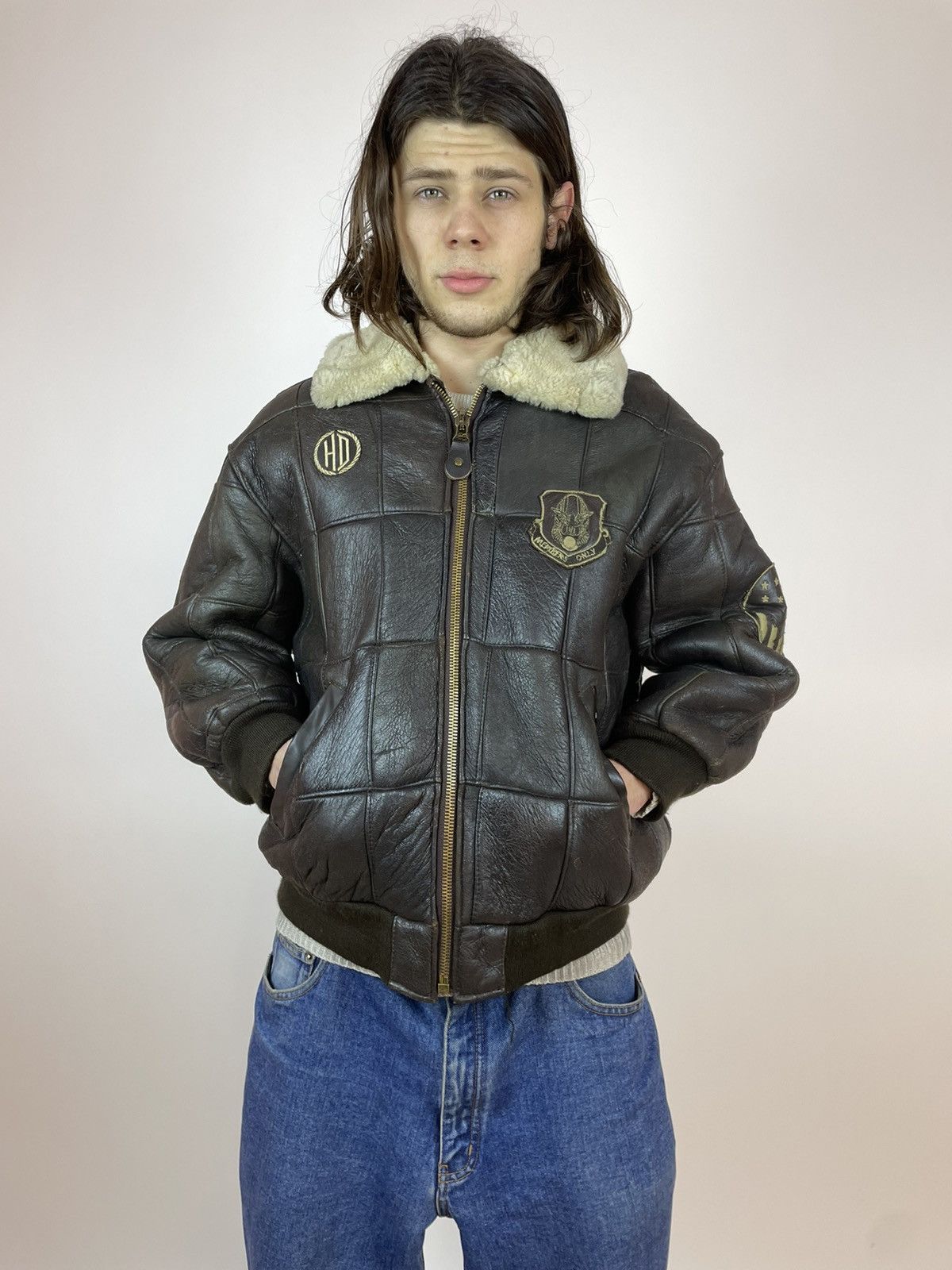 Vintage SHEEPSKIN Jacket aviation Brown leather bomber S-M