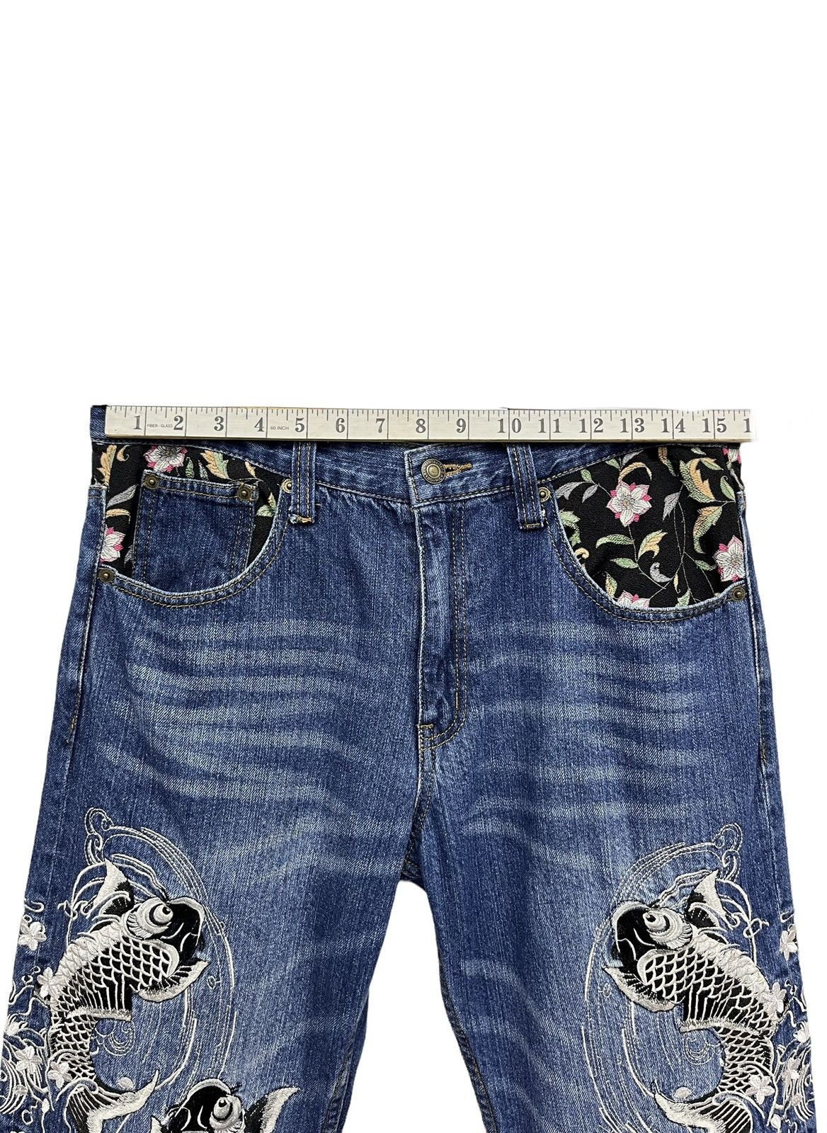 Karakuri Tamashii OSCAR Karakuri Sukajan Embroidery Tattoo Wear Fish Koi Denim Size US 31 - 12 Thumbnail