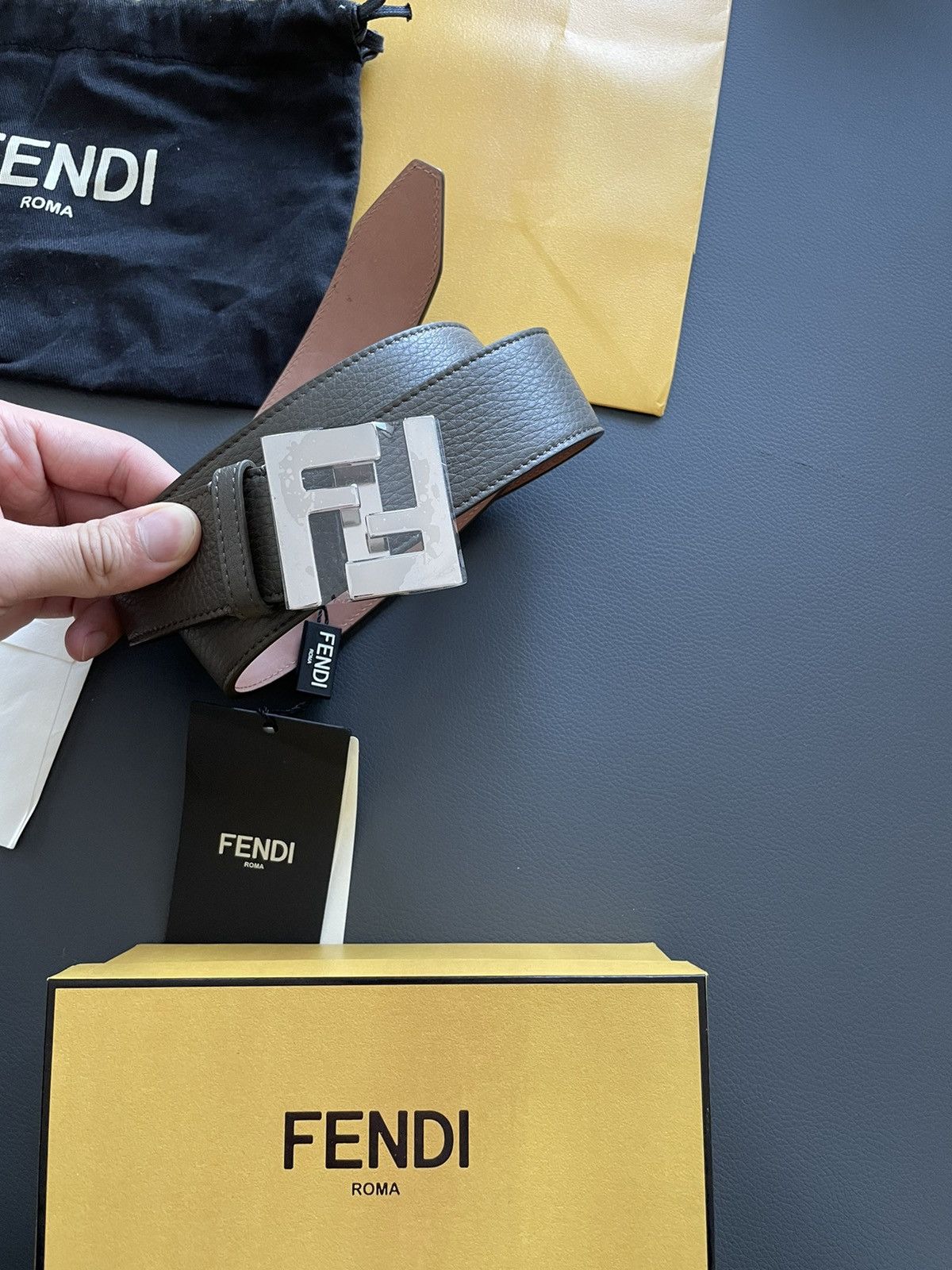 image of Fendi Limited Edition Brandnew Iconic Runway Ff Logo Leather Belt in Grey, Men's