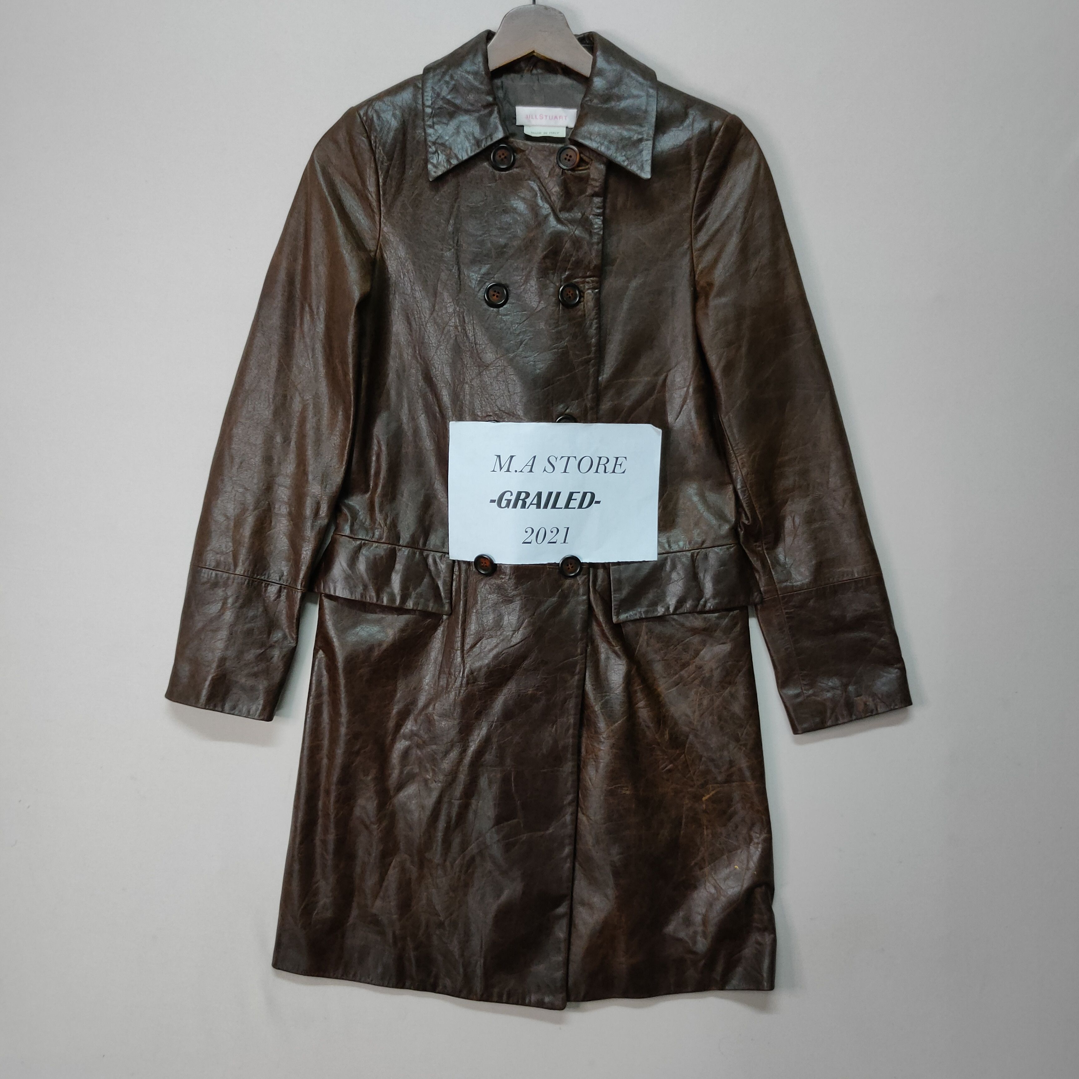 image of Italian Designers x Jil Stuart Grillvintage Jill Stuart Button Ups Long Leather Jacket in Brown (Si