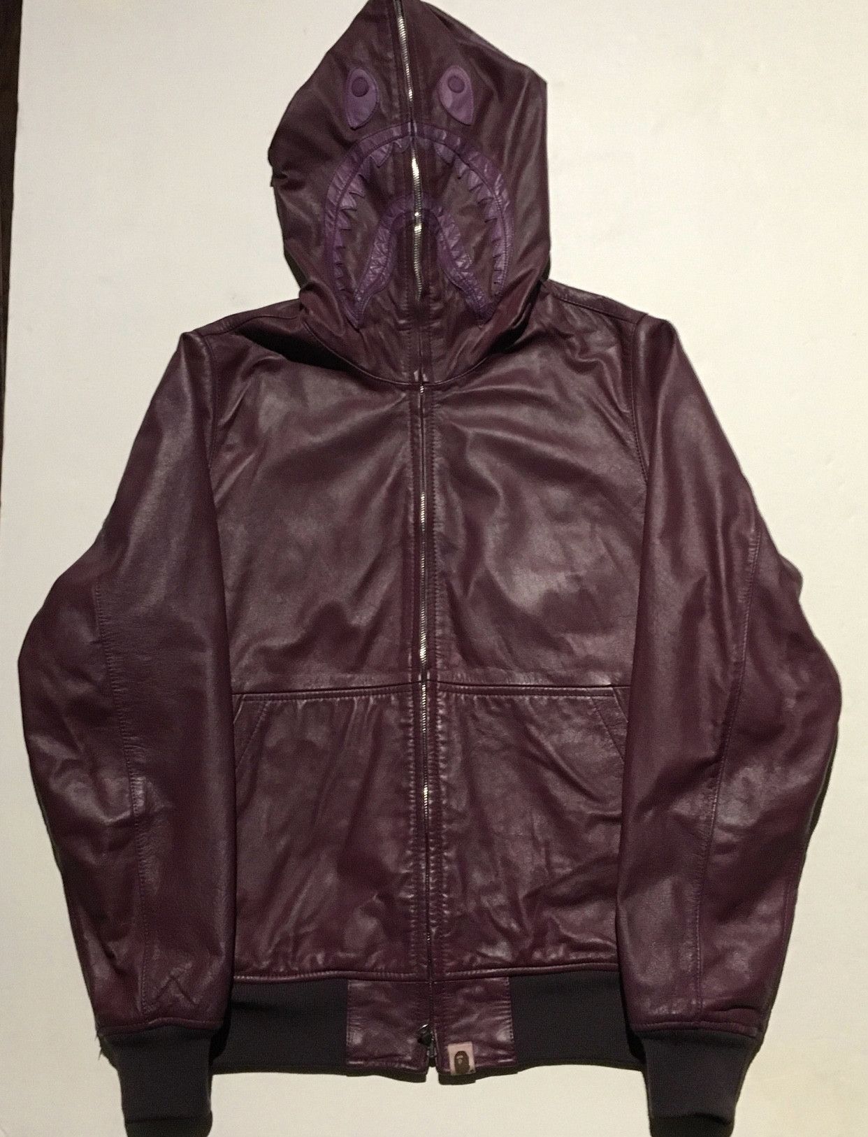 image of Bape Leather Sheepskin Shark Hoodie Cowhide Jacket in Purple, Men's (Size Small)