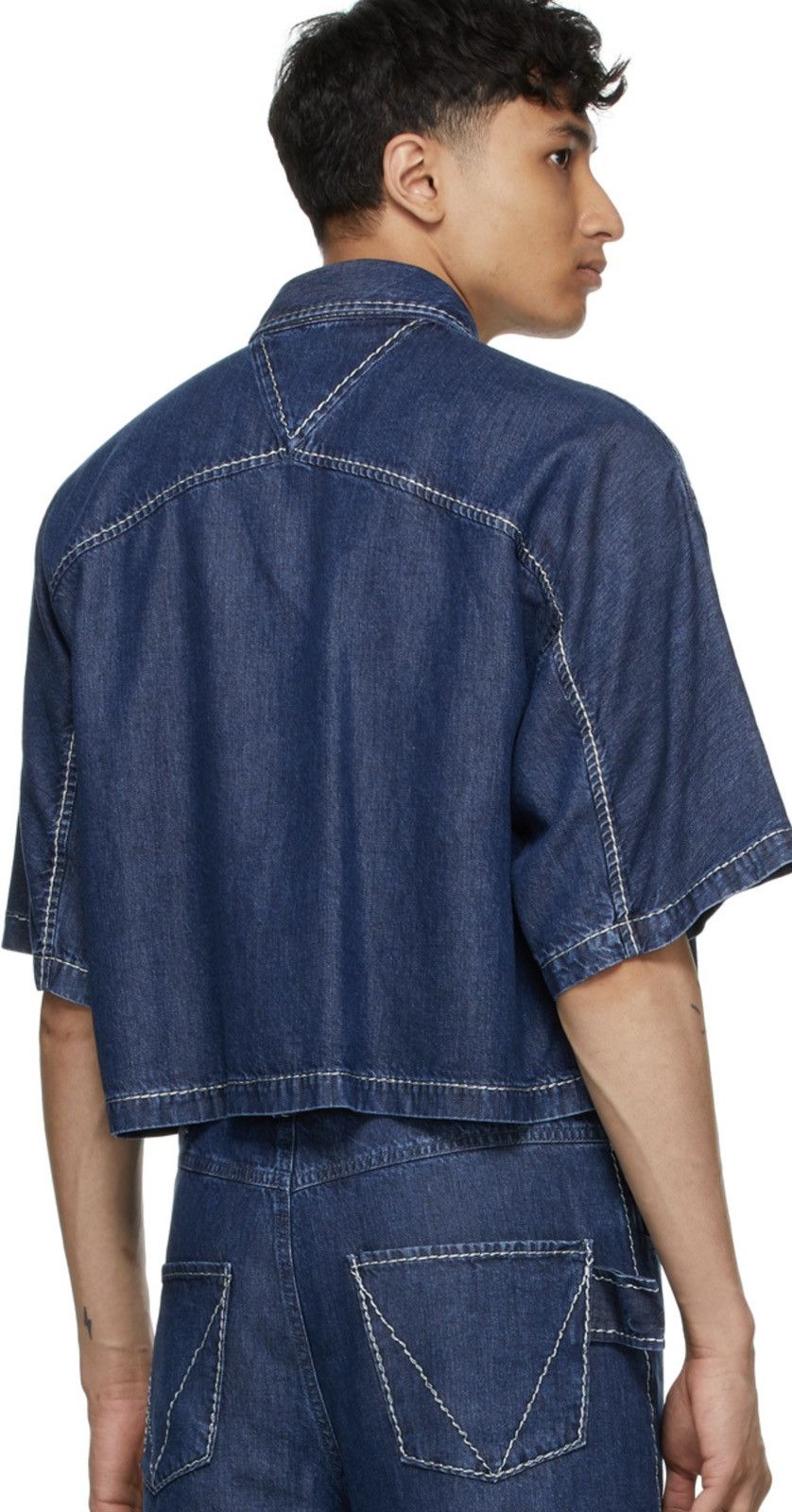 image of Bottega Veneta Navy Wide Cropped Denim Shirt Sleeve Shirt, Men's (Size Medium)