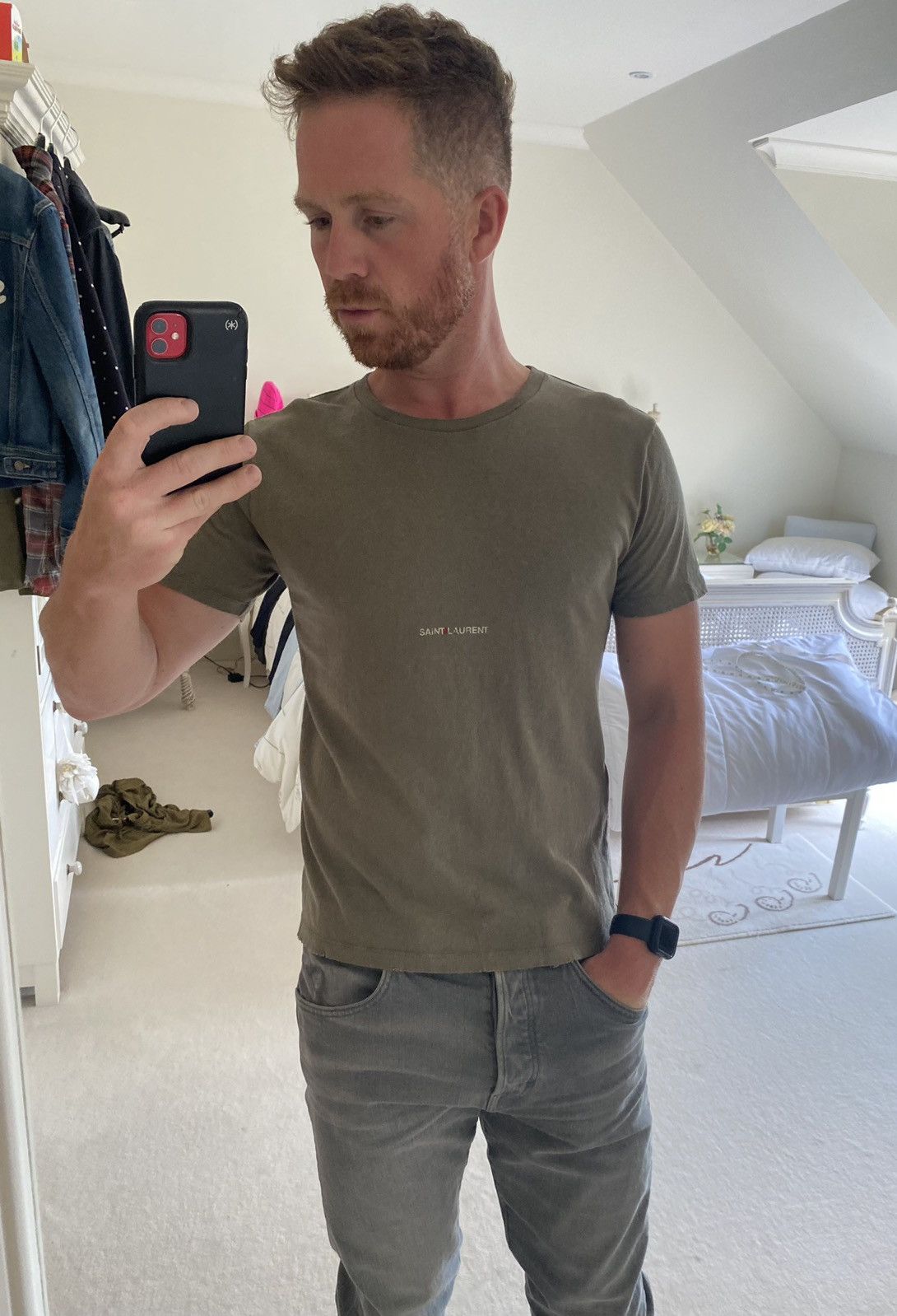 Saint Laurent Paris $550 Saint Laurent Rive Gauche logo t shirt olive khaki Size US S / EU 44-46 / 1 - 5 Thumbnail