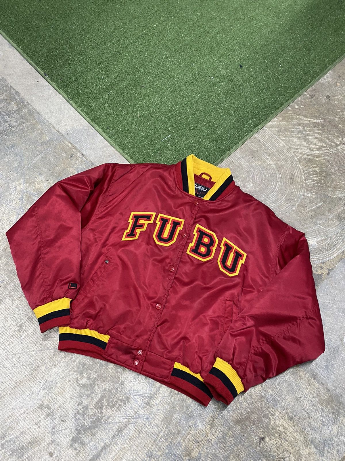 image of Y2K Fubu Spell-Out Varsity Satin Jacket in Red, Men's (Size Medium)