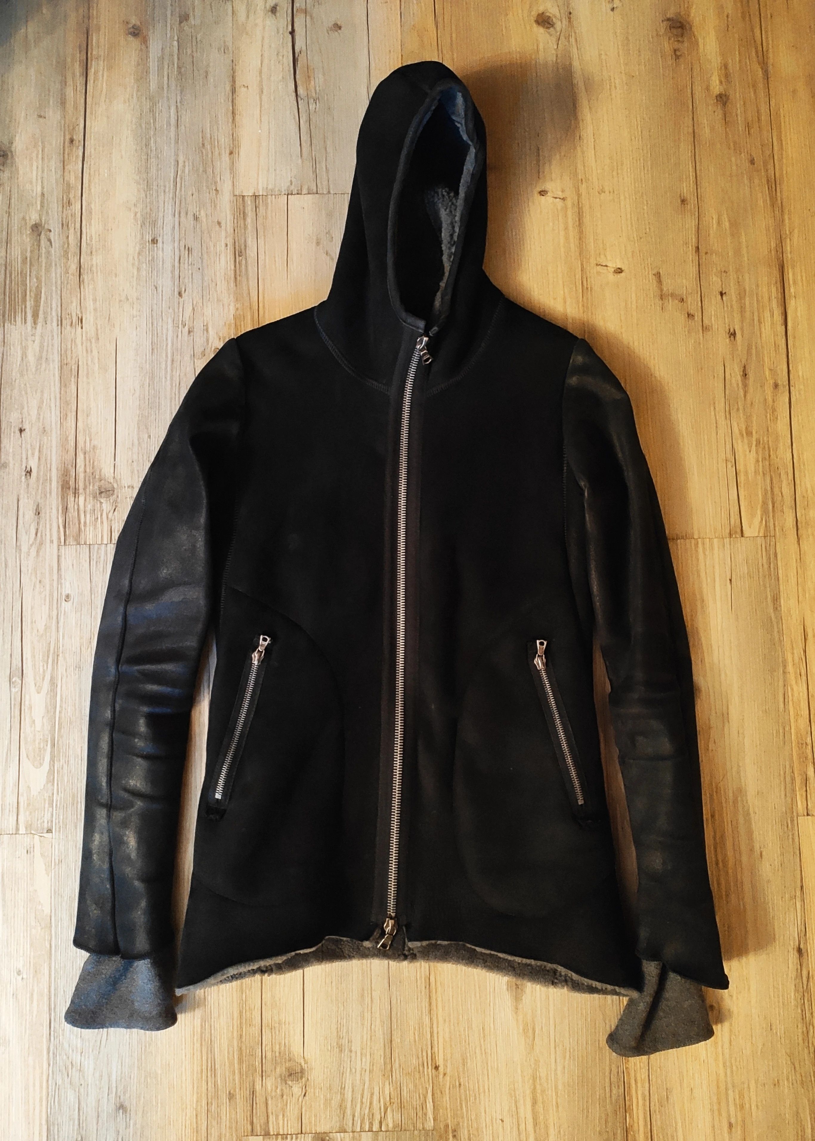 image of Isaac Sellam Experience Mixed Leather/shearling Hooded Coat.like Rick Owens in Black (Size 2XS)