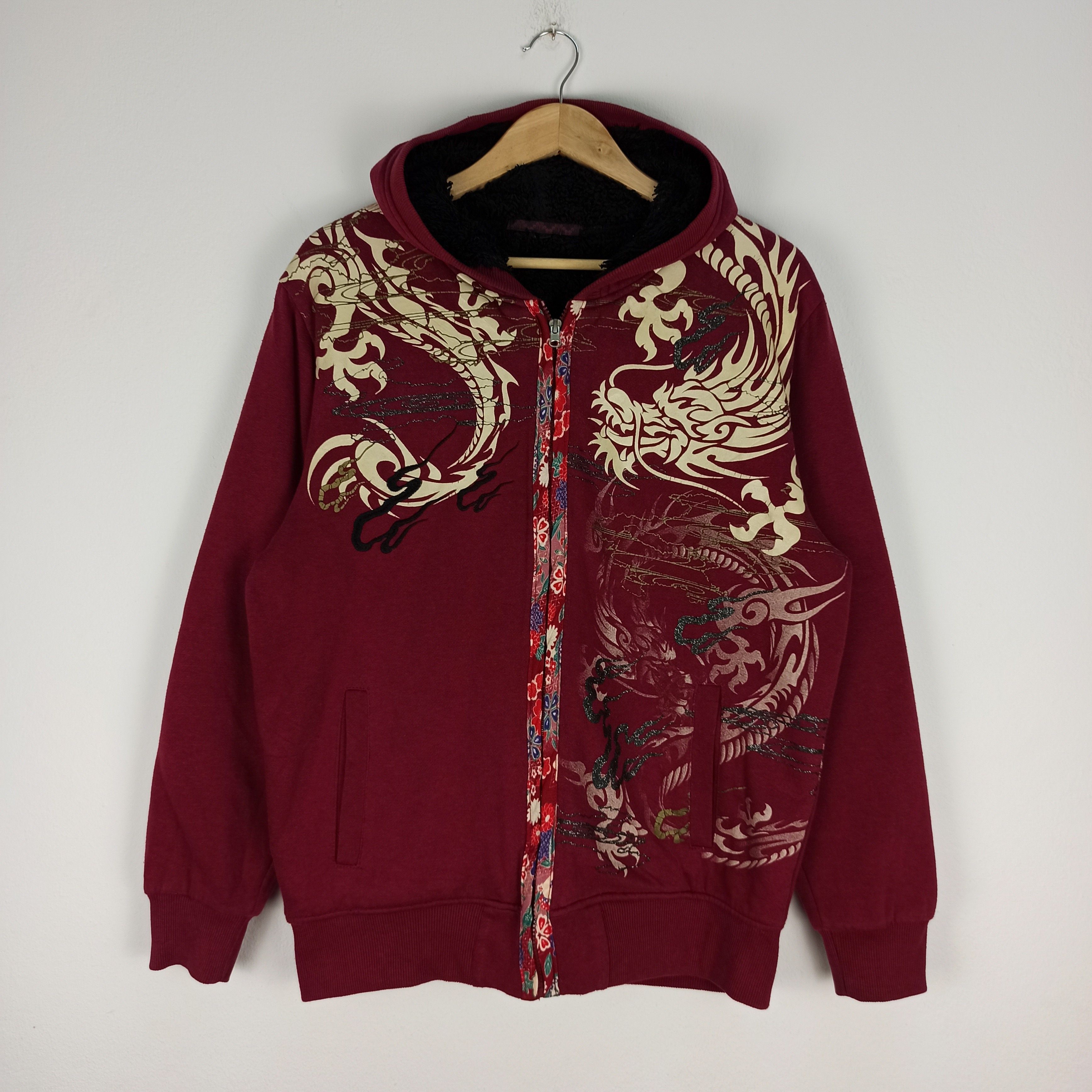 Pre-owned Dragonfly X Sukajan Souvenir Jacket Steals Dragon Fly Tattoo Spell Out Hoodie Inner Fleece In Red