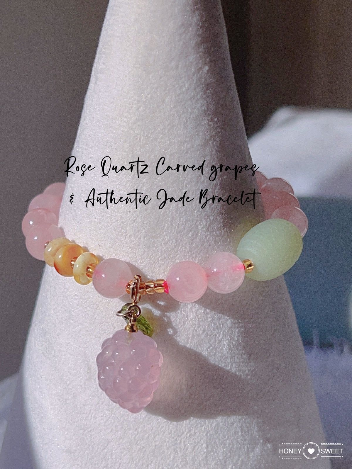 Authentic Jade & Rose Quartz carved Grapes Bracelet C