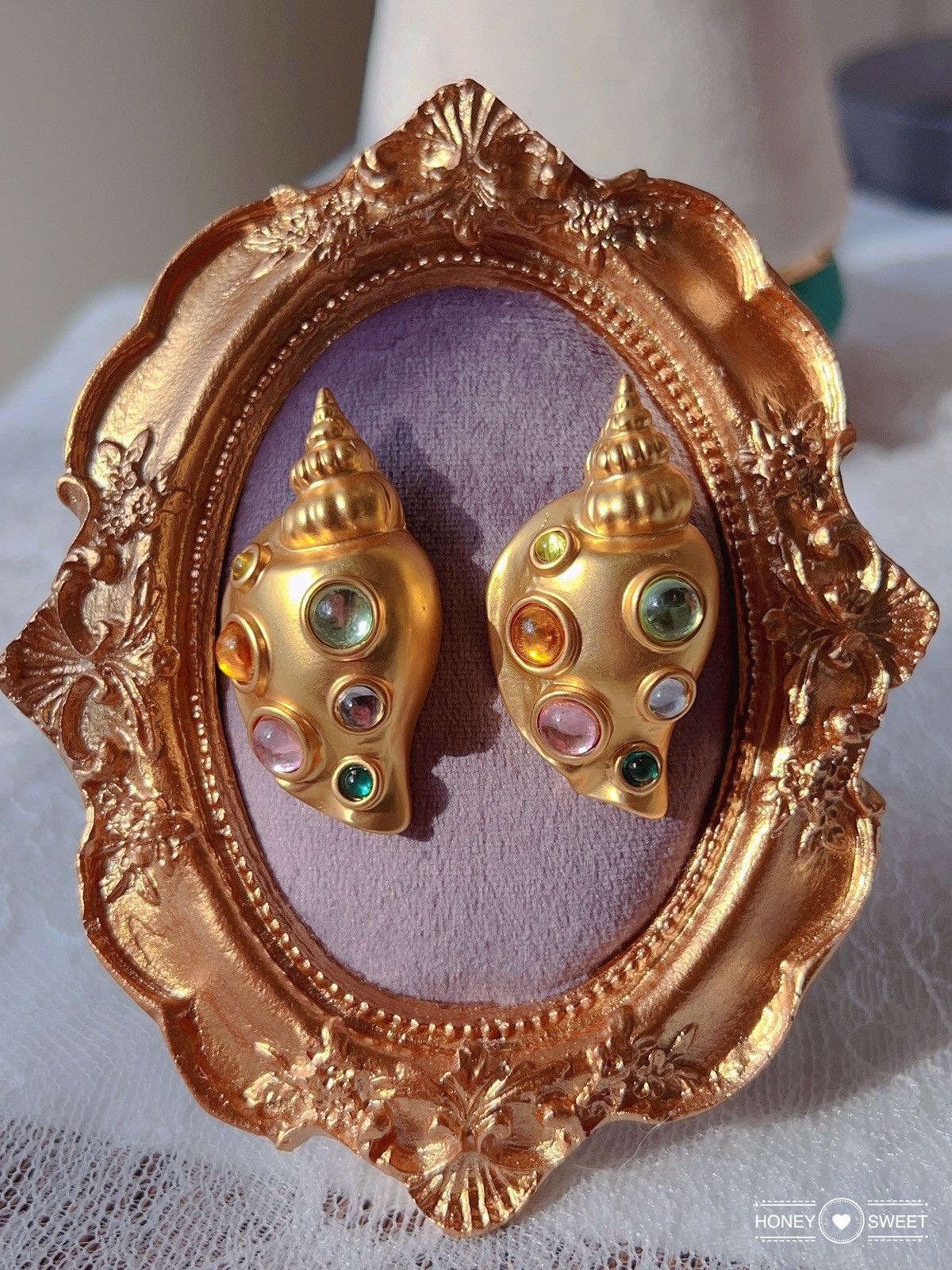 Jewelry 18K GP vintage shells glaze; azure stone; Earrings Size ONE SIZE - 5 Thumbnail
