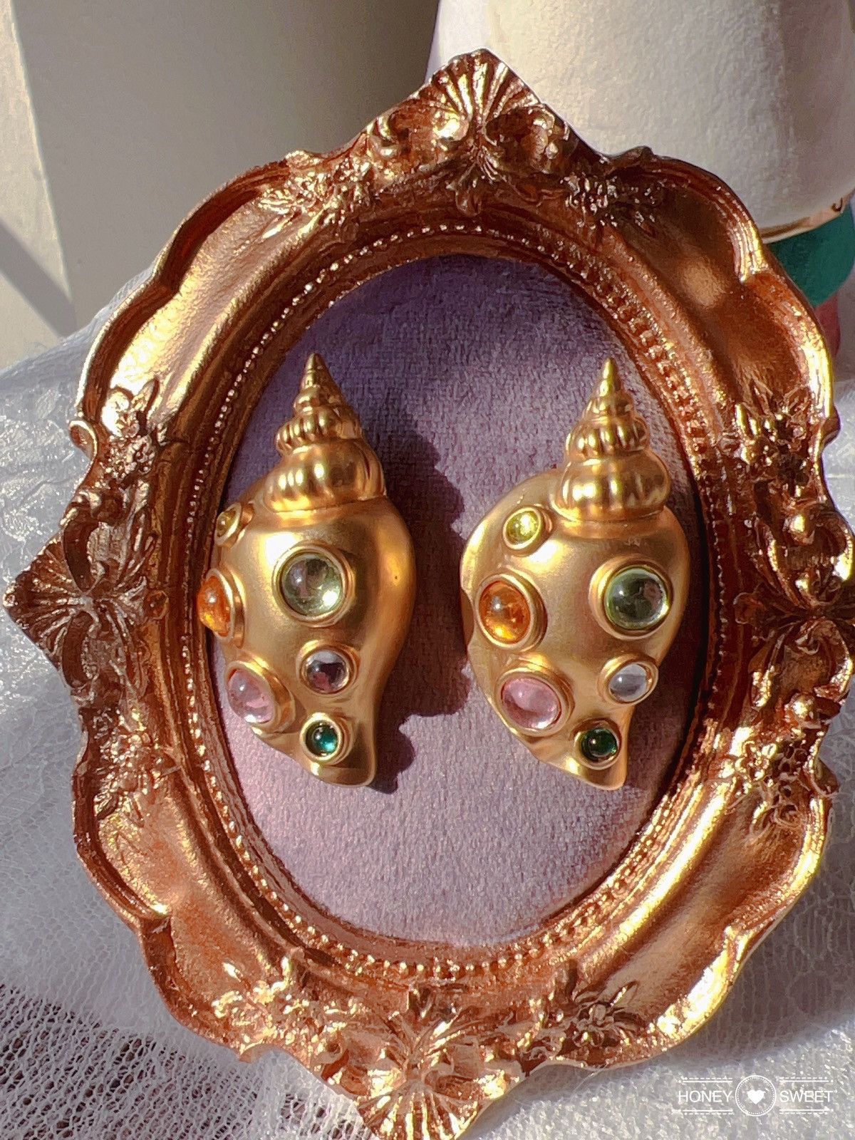 Jewelry 18K GP vintage shells glaze; azure stone; Earrings Size ONE SIZE - 3 Thumbnail
