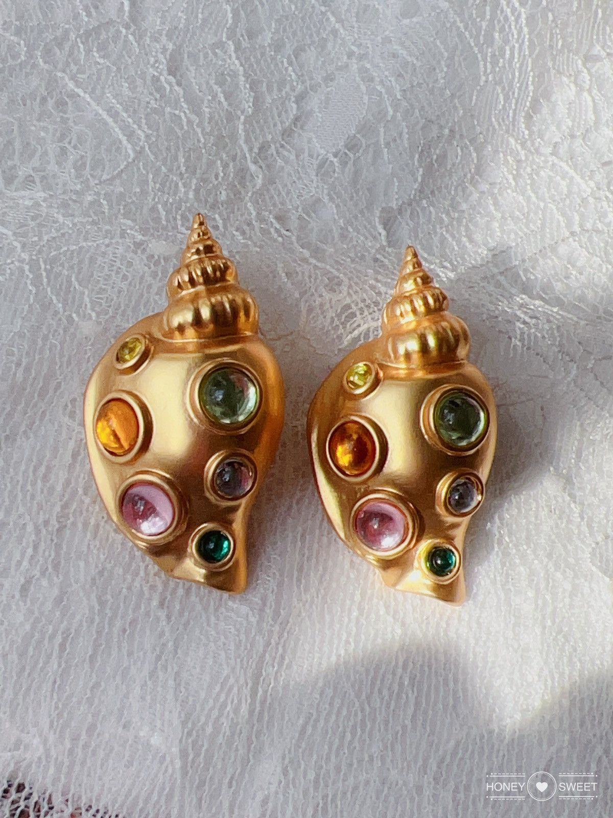 Jewelry 18K GP vintage shells glaze; azure stone; Earrings Size ONE SIZE - 2 Thumbnail
