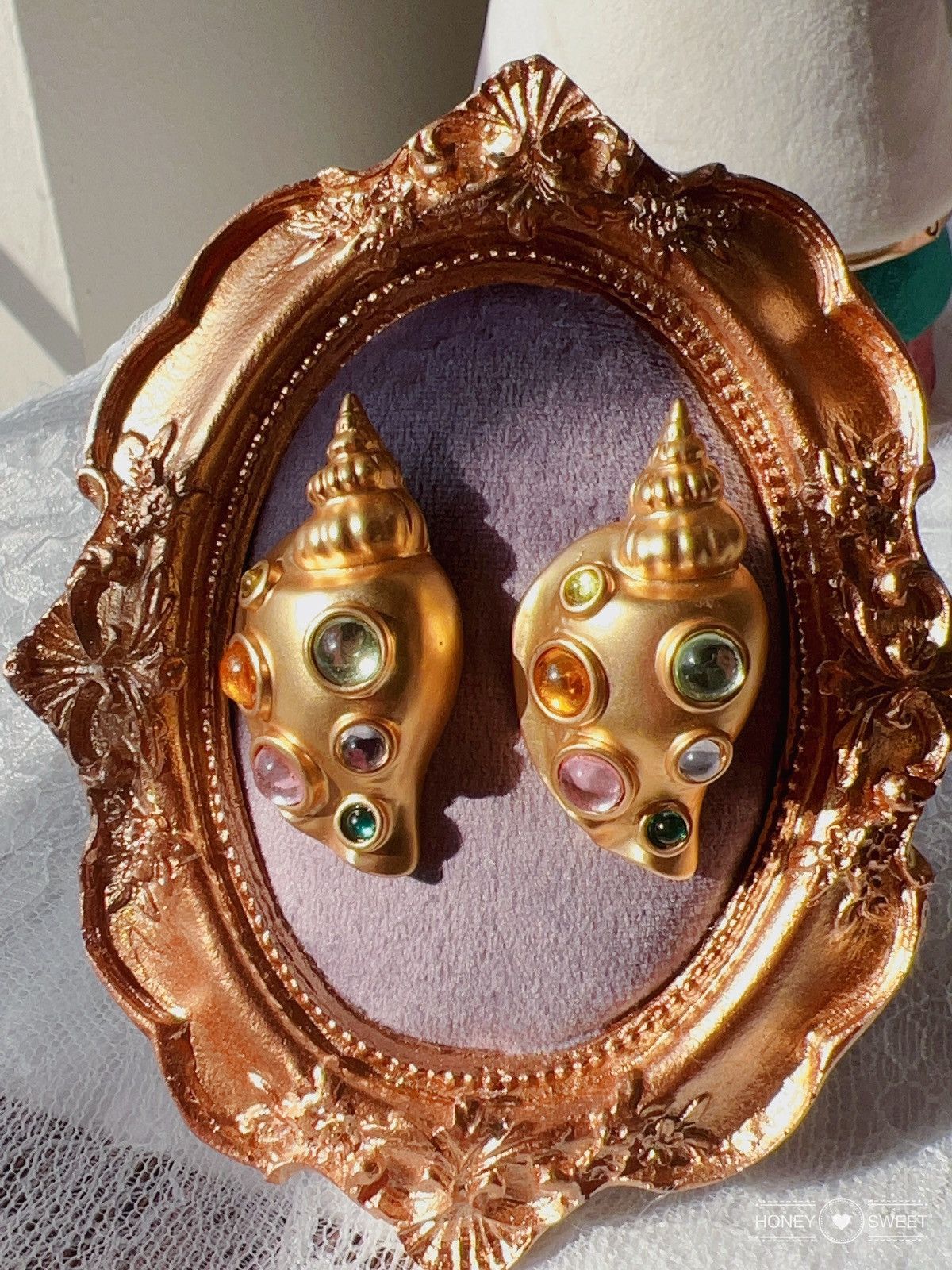 Jewelry 18K GP vintage shells glaze; azure stone; Earrings Size ONE SIZE - 4 Thumbnail