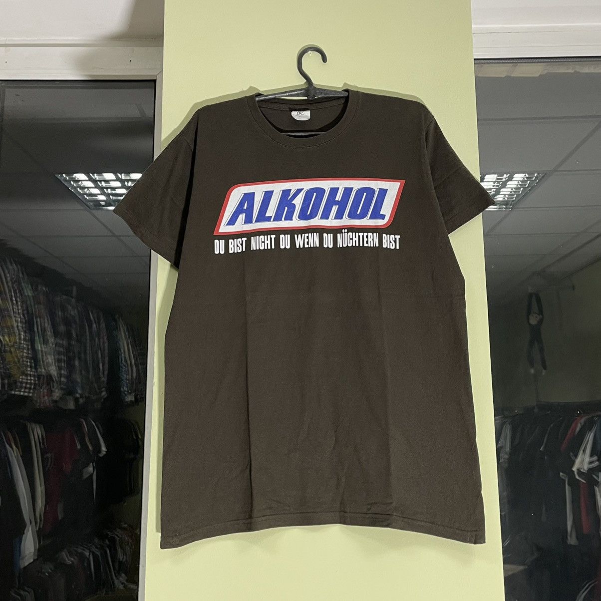 image of Y2K Adult “ Alkohol Alcohol Logo ” Promo Humor Tee in Brown, Men's (Size Large)