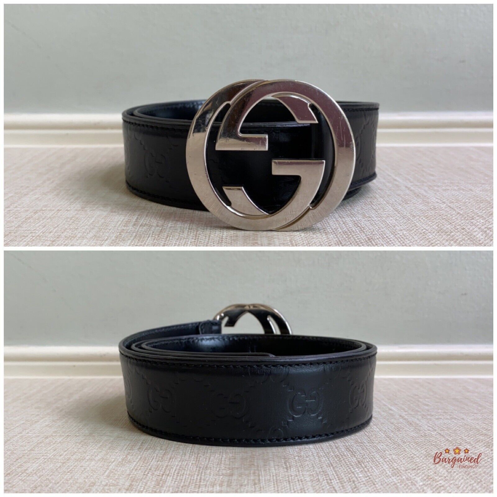 Gucci Gucci Black Guccissima Leather Silver Interlocking Belt Size 32 - 3 Thumbnail