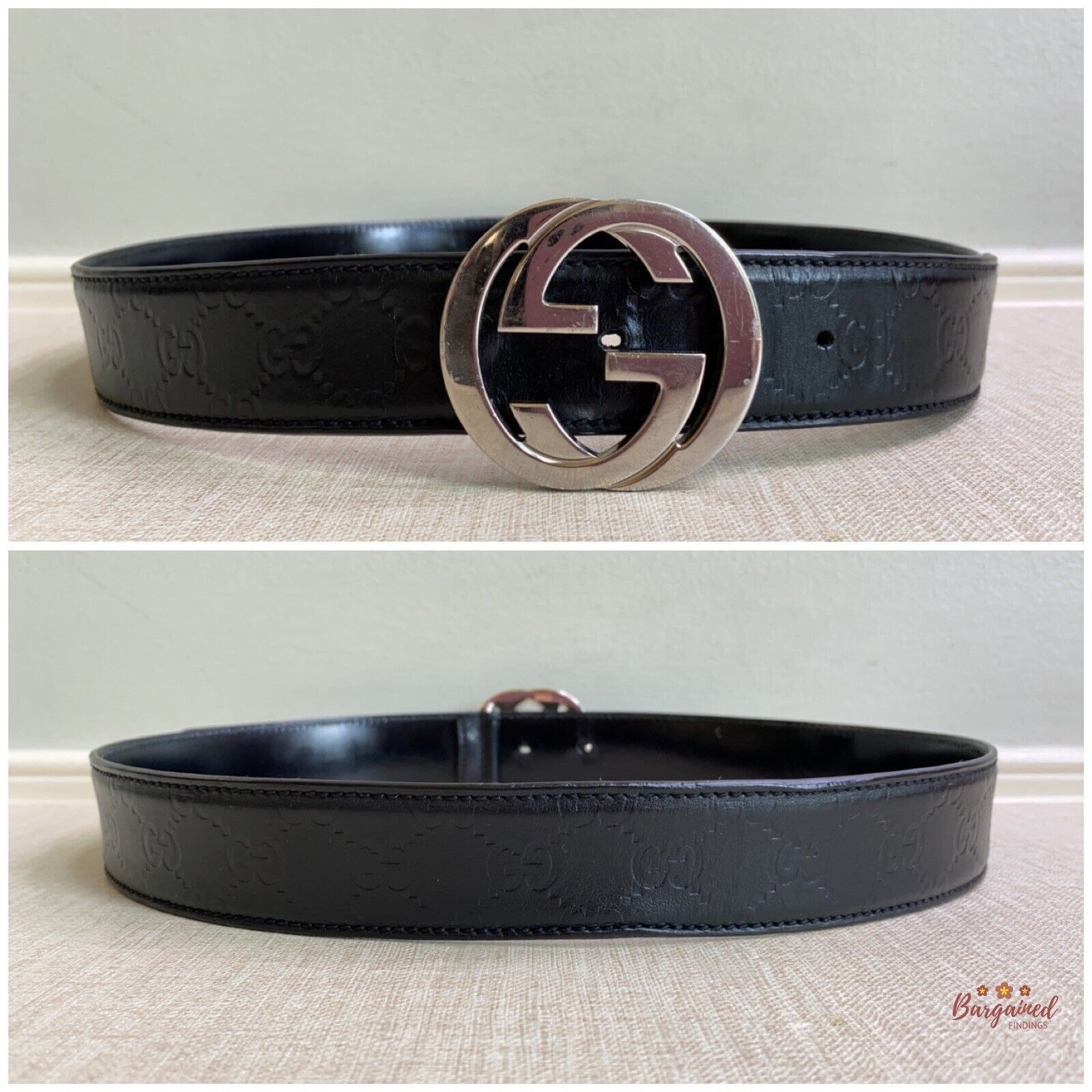 Gucci Gucci Black Guccissima Leather Silver Interlocking Belt Size 32 - 4 Thumbnail