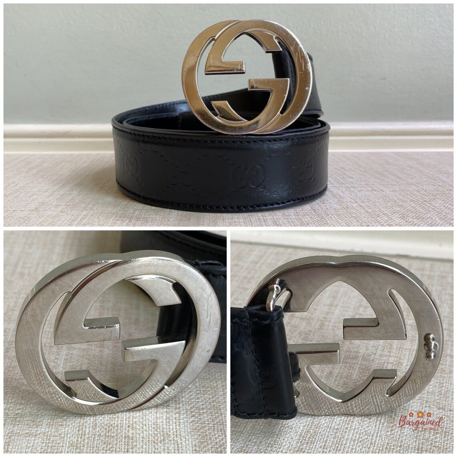 Gucci Gucci Black Guccissima Leather Silver Interlocking Belt Size 32 - 6 Thumbnail
