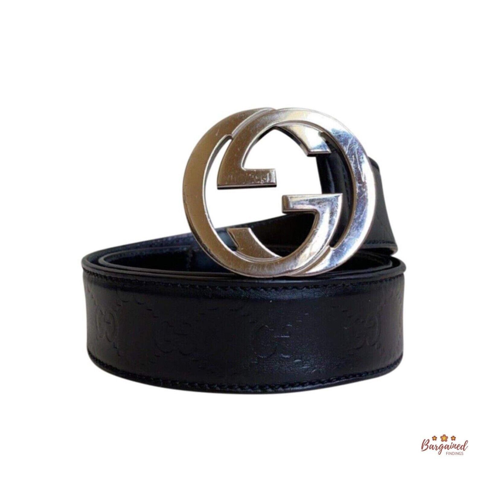 Gucci Gucci Black Guccissima Leather Silver Interlocking Belt Size 32 - 1 Thumbnail