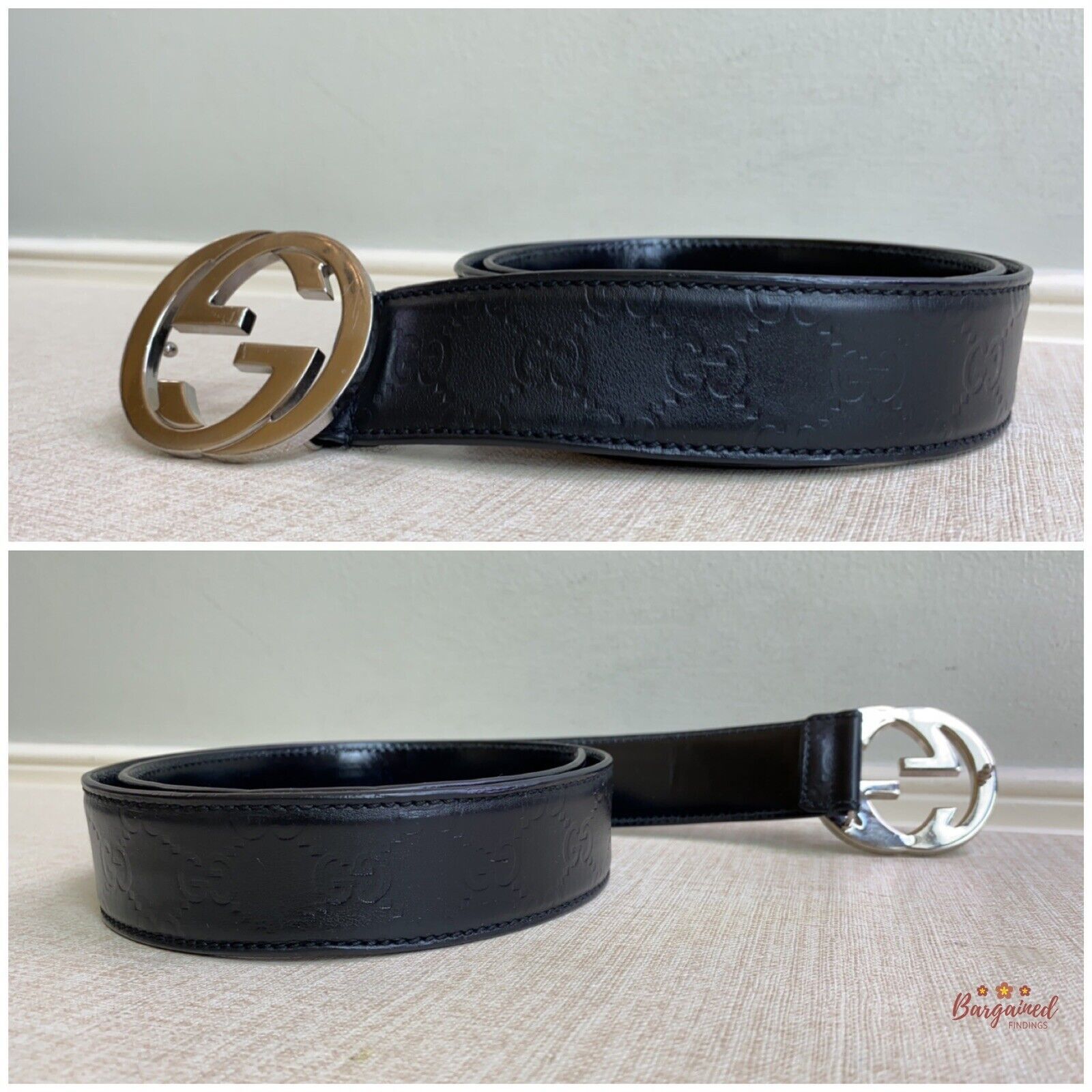 Gucci Gucci Black Guccissima Leather Silver Interlocking Belt Size 32 - 8 Thumbnail