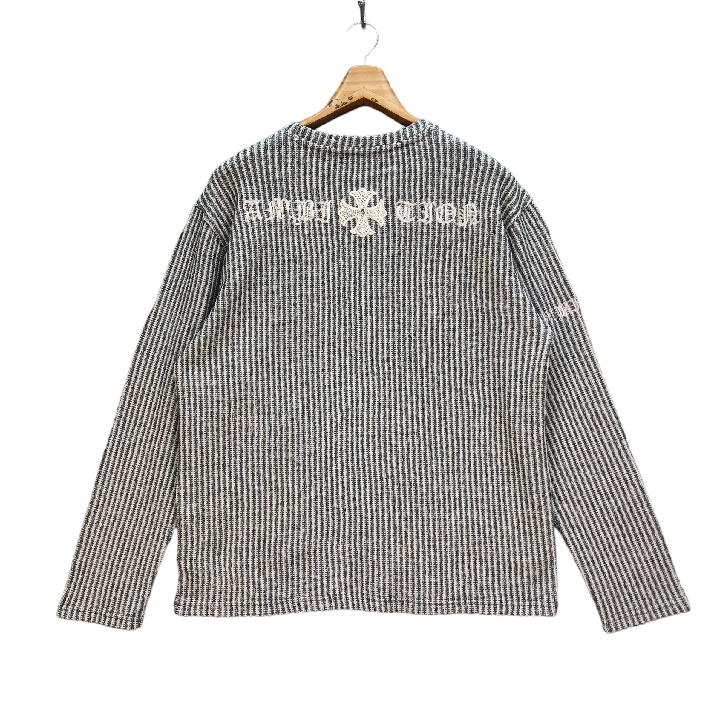 Japanese Brand AMBITION BACK BIG LOGO STRIPED & KNITTED SWEATER #7249-121 Size US XL / EU 56 / 4 - 1 Thumbnail