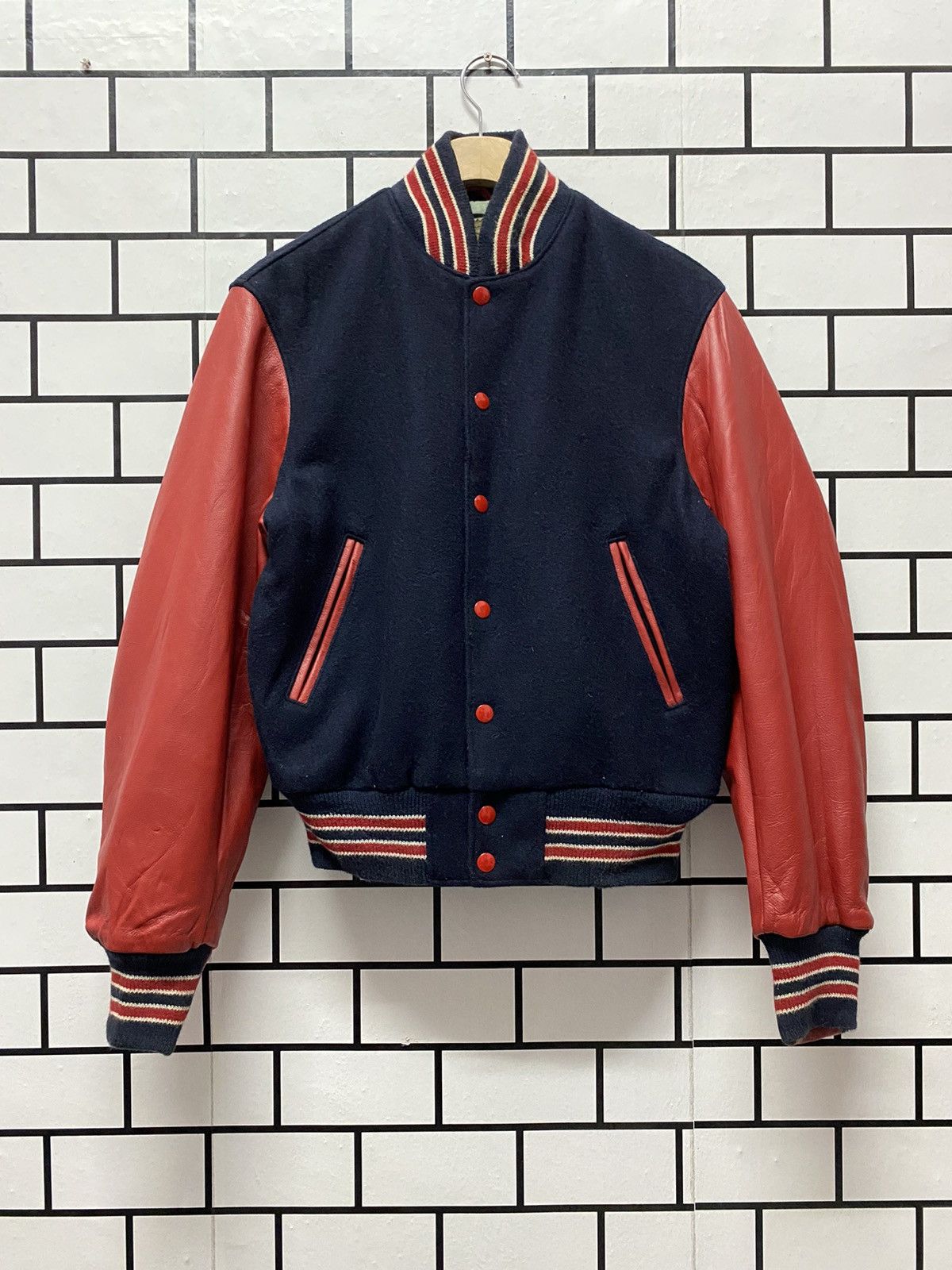 image of Vintage 90’S Golden Bear Leather Letterman Varsity Jacket in Navy/Red, Men's (Size Small)