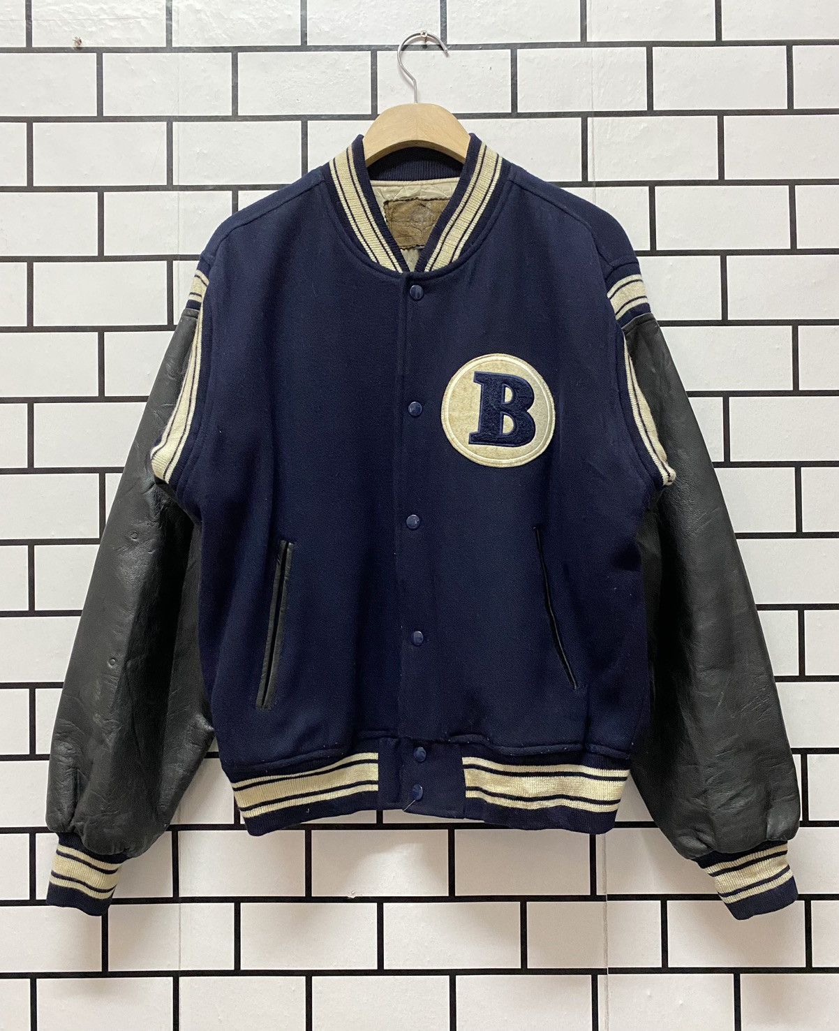 image of Golden Bear x Varsity Jacket Vintage 90’S Bears Surf Boards Leather Wool Varsity Jacket in Black/Bl
