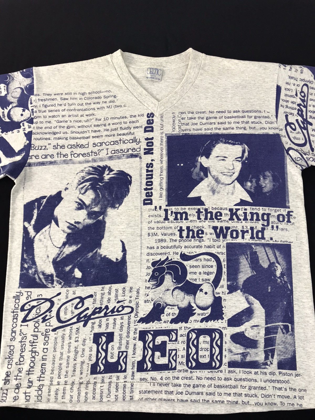 Vintage 90s Celtic Leonardo Di Caprio Newspaper Design Over Printed Size US L / EU 52-54 / 3 - 3 Thumbnail
